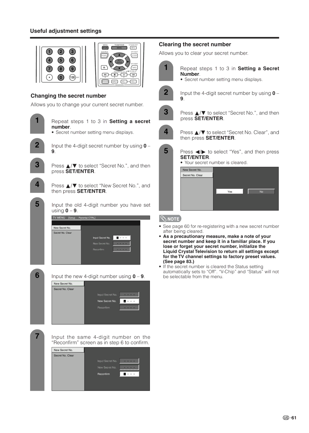 Sharp LC 37HV6U Clearing the secret number, Changing the secret number, Input the new 4-digit number using 0 