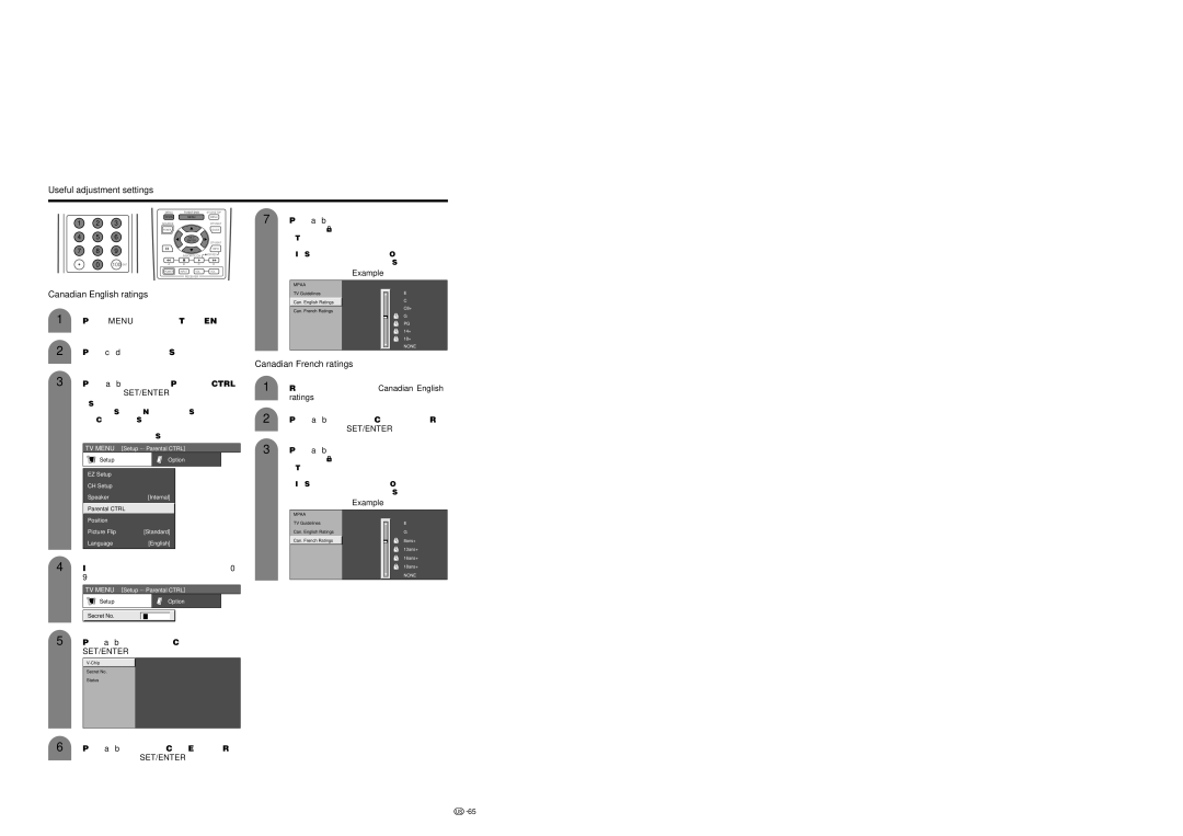 Sharp LC 37HV6U operation manual Press a/ bto select V-Chip, and then press, Press a/ bto select Can. English Ratings 