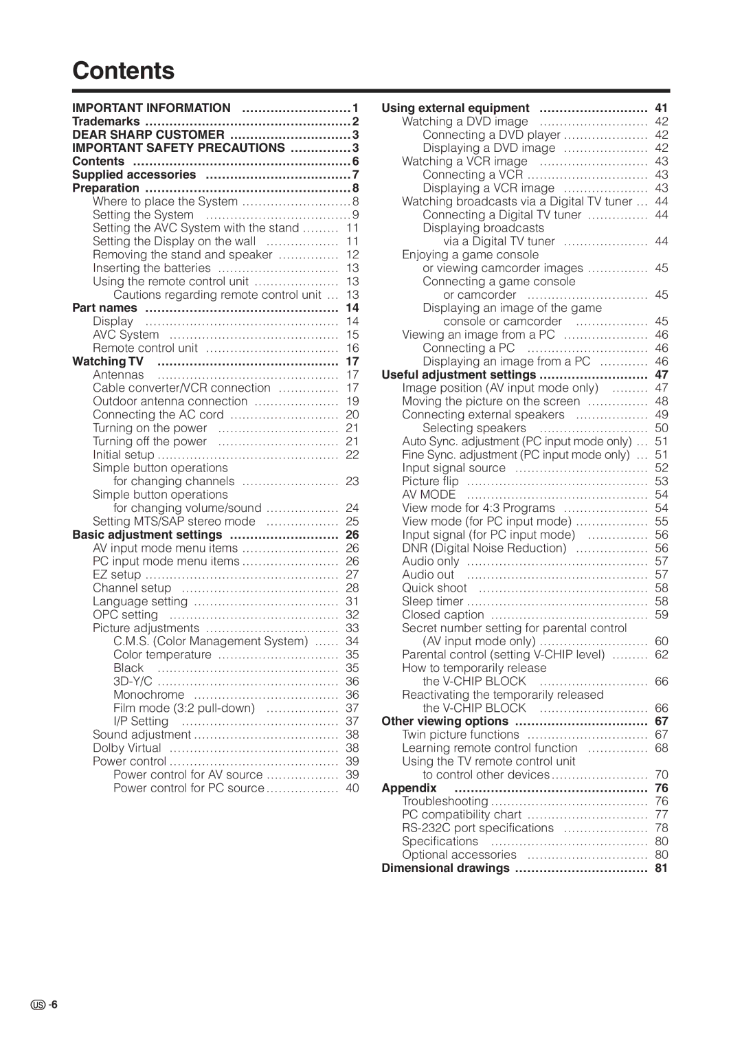 Sharp LC 37HV6U operation manual Contents 