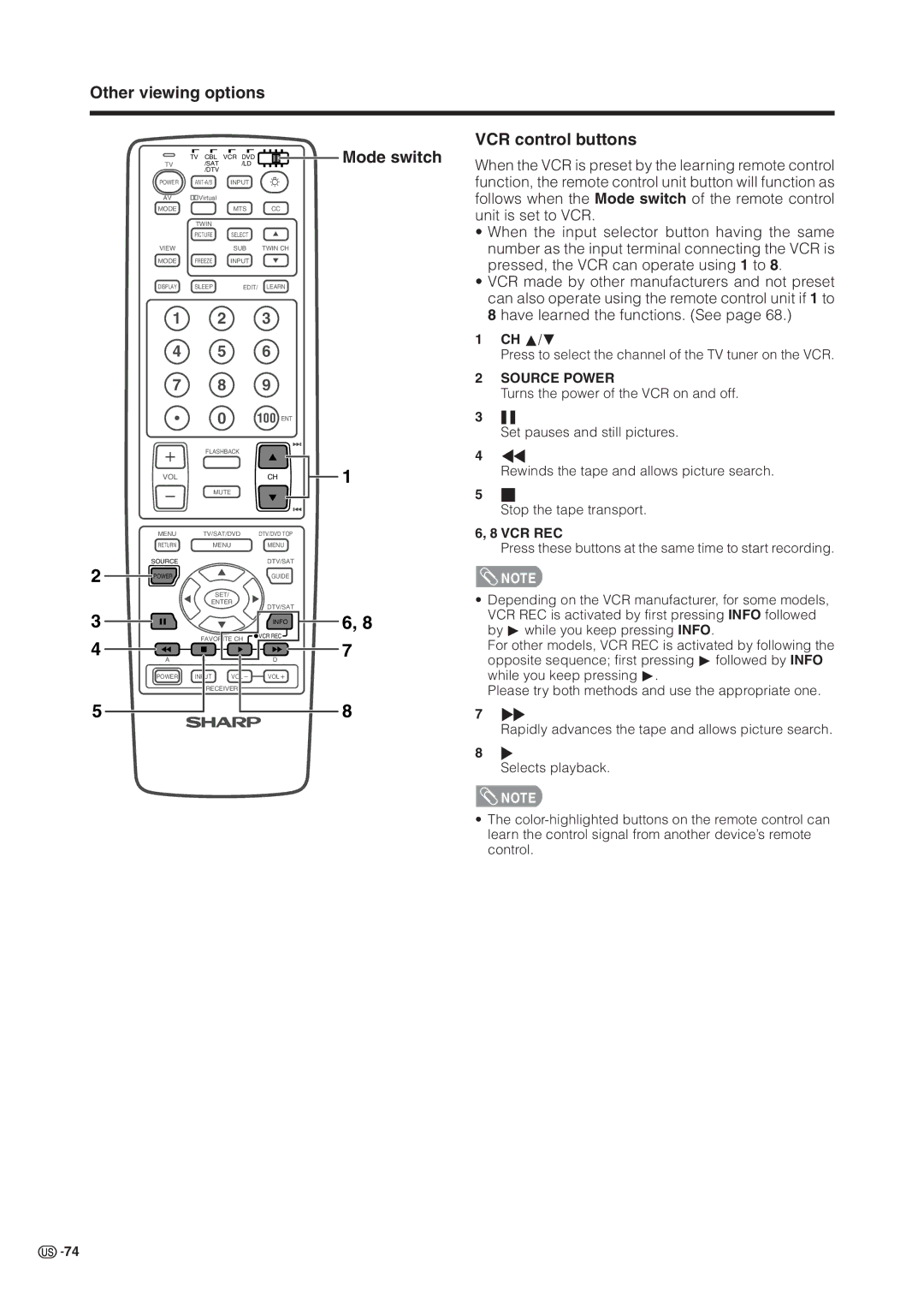 Sharp LC 37HV6U operation manual Other viewing options Mode switch 