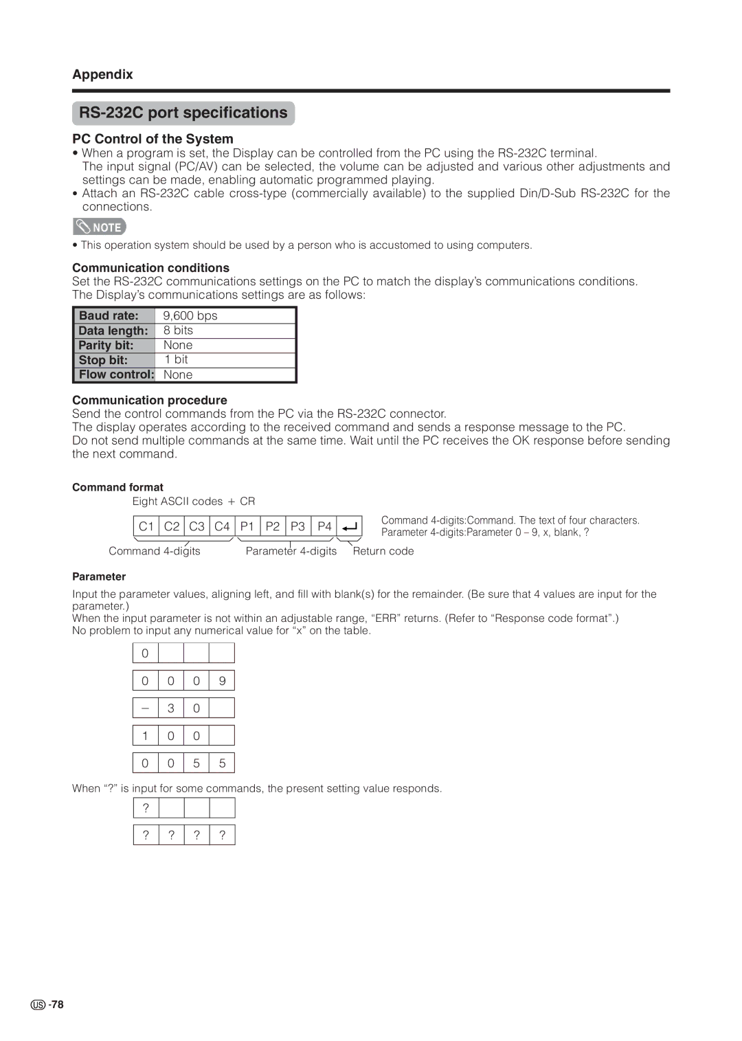 Sharp LC 37HV6U operation manual RS-232C port specifications, PC Control of the System 