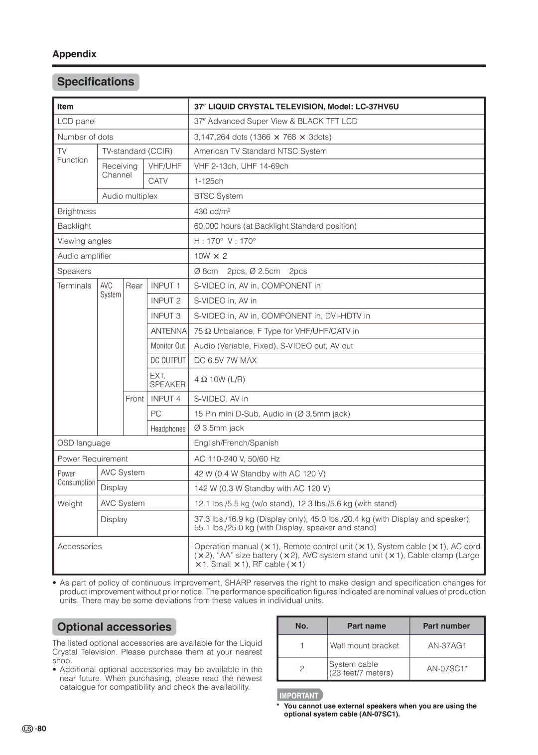 Sharp LC 37HV6U Specifications, Optional accessories, 37oLIQUID Crystal TELEVISION, Model LC-37HV6U, Part name Part number 