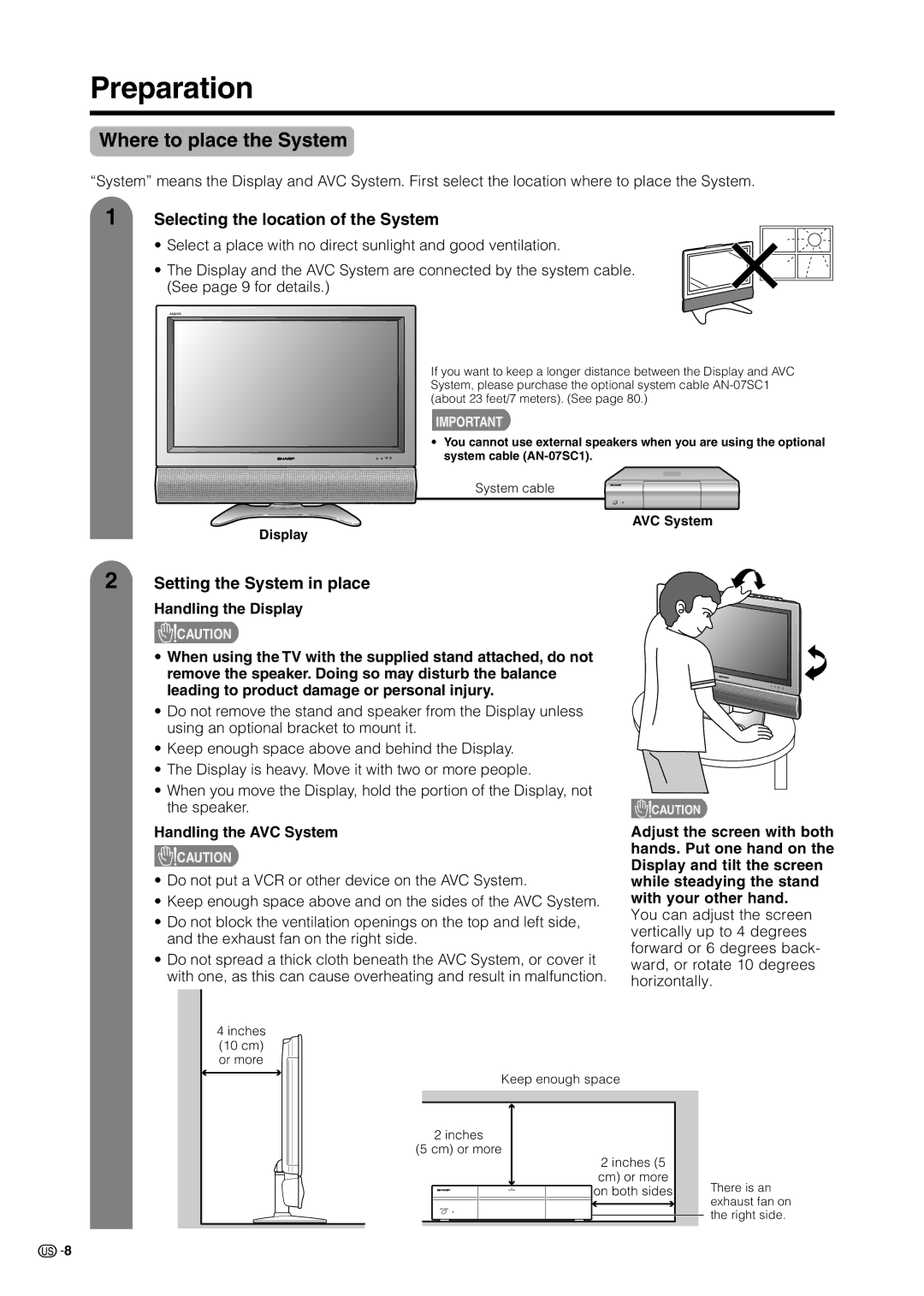 Sharp LC 37HV6U Preparation, Where to place the System, Selecting the location of the System, Setting the System in place 