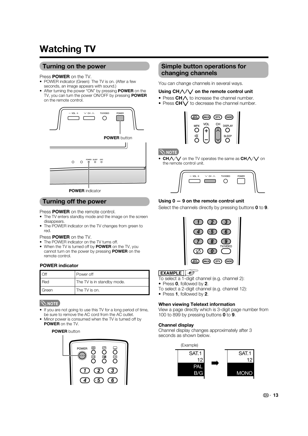 Sharp LC-32PD5X Watching TV, Turning on the power, Simple button operations for changing channels, Turning off the power 