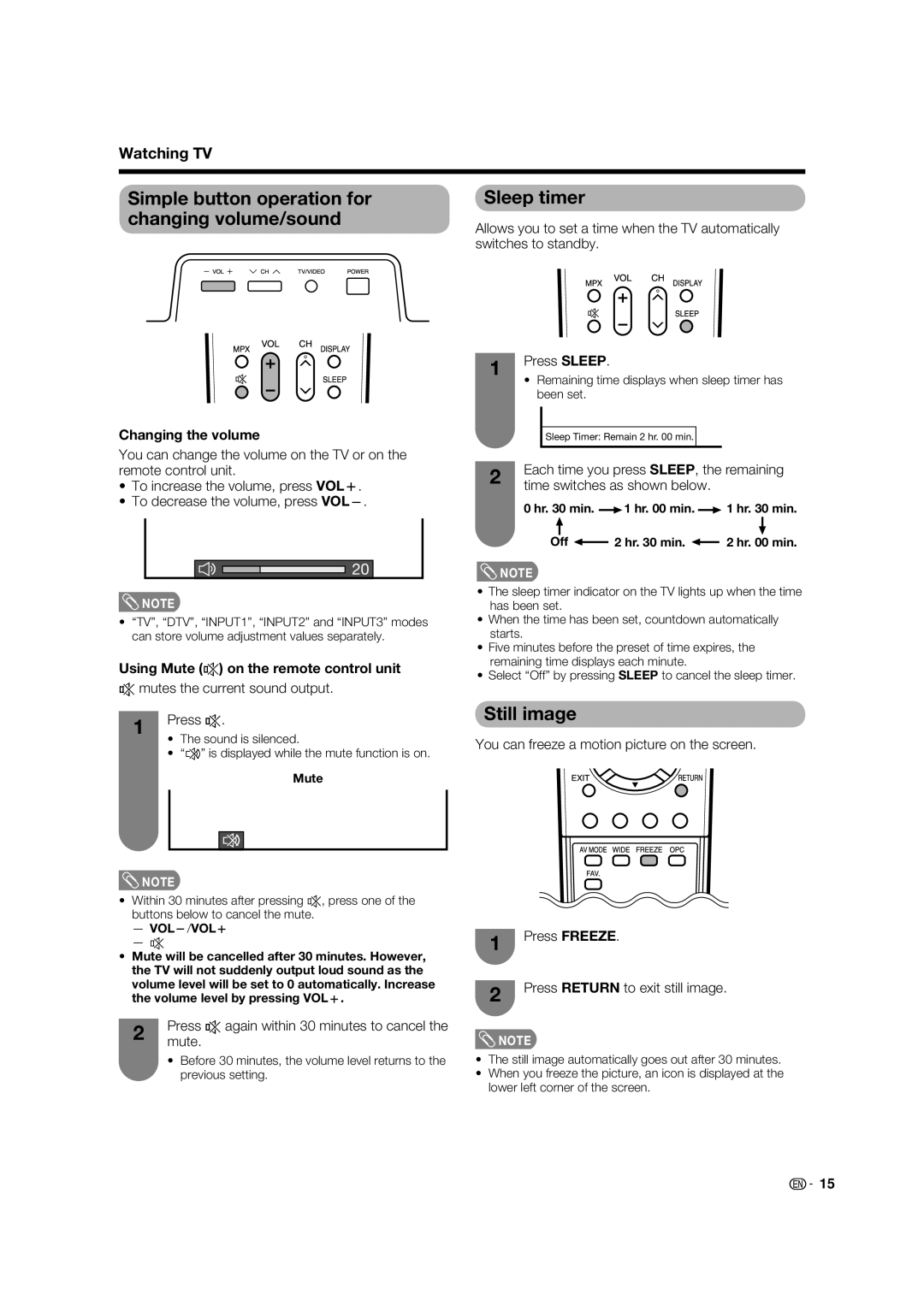 Sharp LC-32PD5X, LC-37PD5X Still image, Switches to standby, Changing the volume, Using Mute e on the remote control unit 