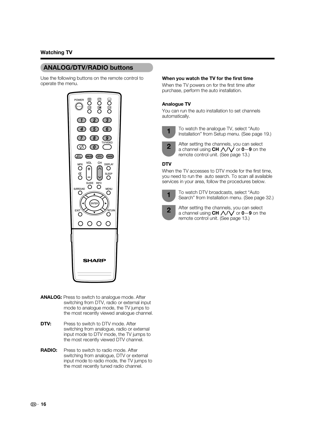 Sharp LC-37PD5X, LC-32PD5X operation manual ANALOG/DTV/RADIO buttons, When you watch the TV for the ﬁrst time, Analogue TV 