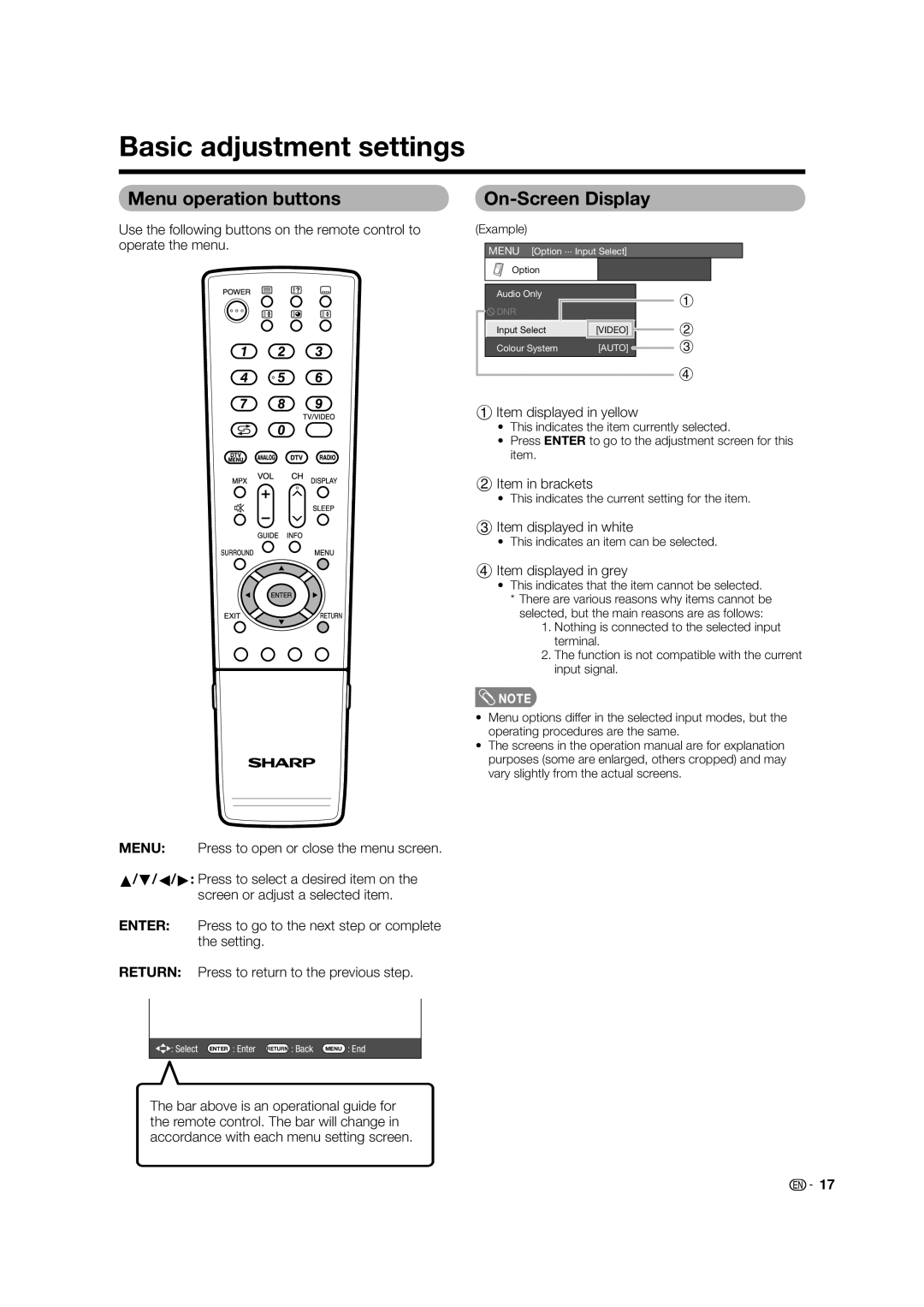 Sharp LC-32PD5X, LC-37PD5X operation manual Basic adjustment settings, Menu operation buttons, On-Screen Display 