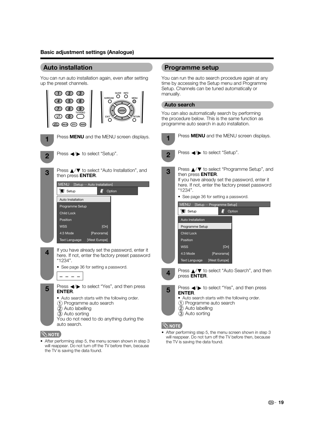 Sharp LC-32PD5X, LC-37PD5X Auto installation, Programme setup, Basic adjustment settings Analogue, Auto search 