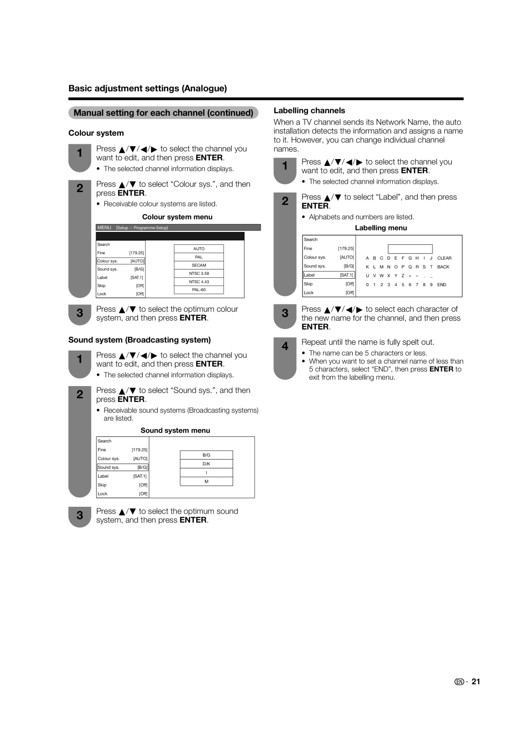 Sharp LC-32PD5X, LC-37PD5X operation manual Colour system, Labelling channels, Sound system Broadcasting system 