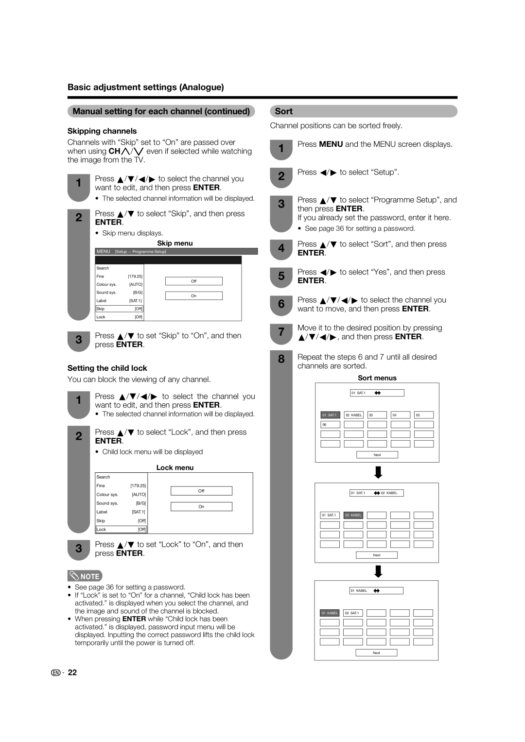 Sharp LC-37PD5X, LC-32PD5X operation manual Sort, Skipping channels, Setting the child lock 