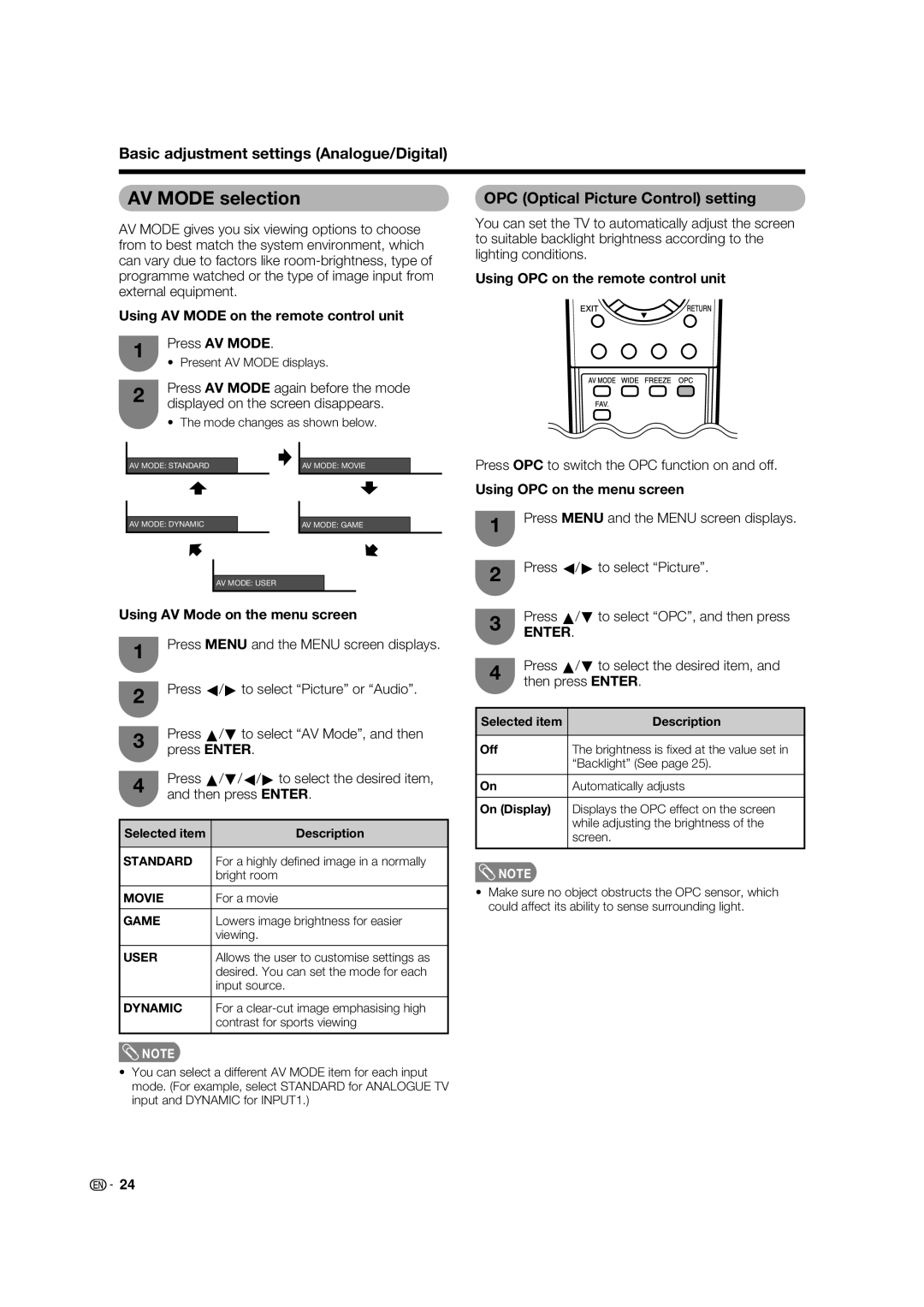 Sharp LC-37PD5X AV Mode selection, Basic adjustment settings Analogue/Digital, OPC Optical Picture Control setting 