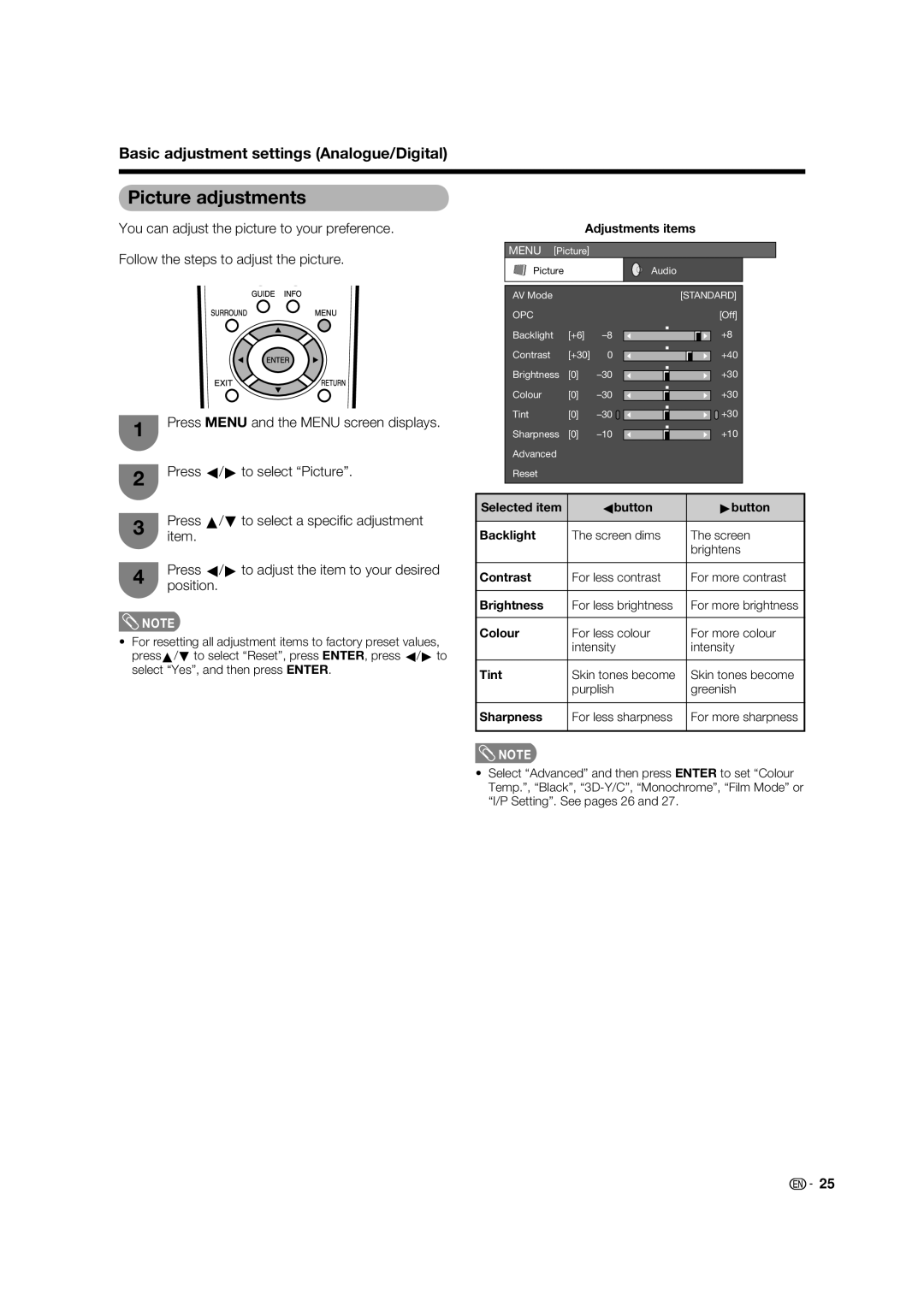 Sharp LC-32PD5X, LC-37PD5X operation manual Picture adjustments, Adjustments items 