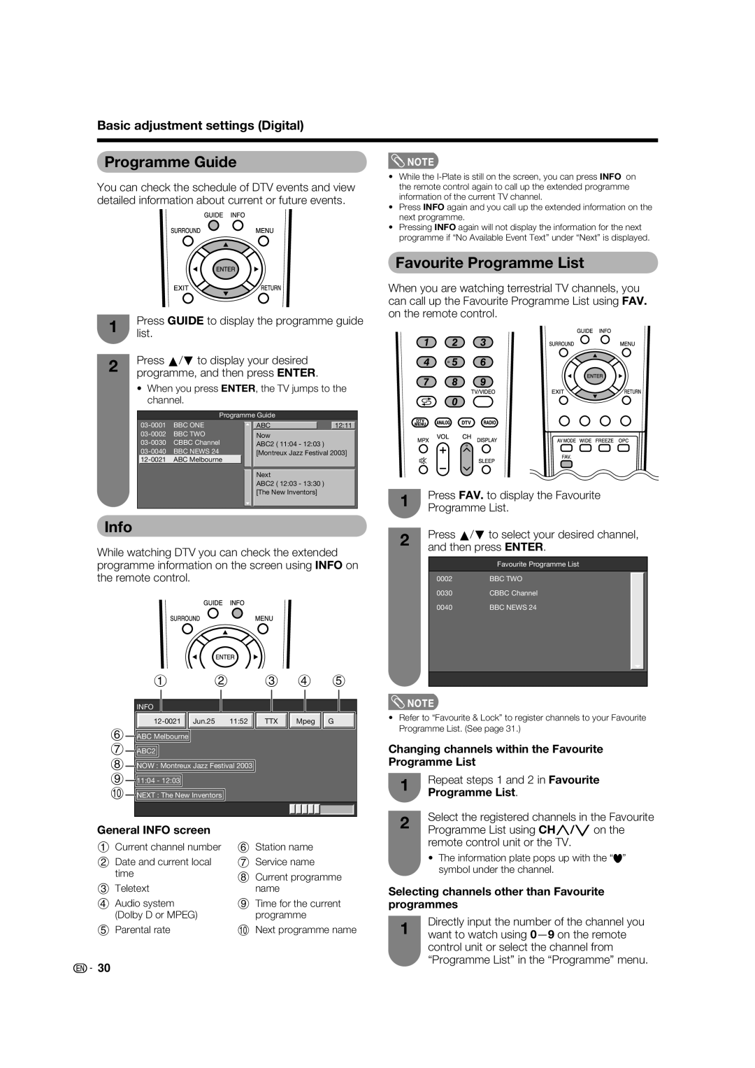 Sharp LC-37PD5X, LC-32PD5X Programme Guide, Favourite Programme List, Info, Basic adjustment settings Digital 