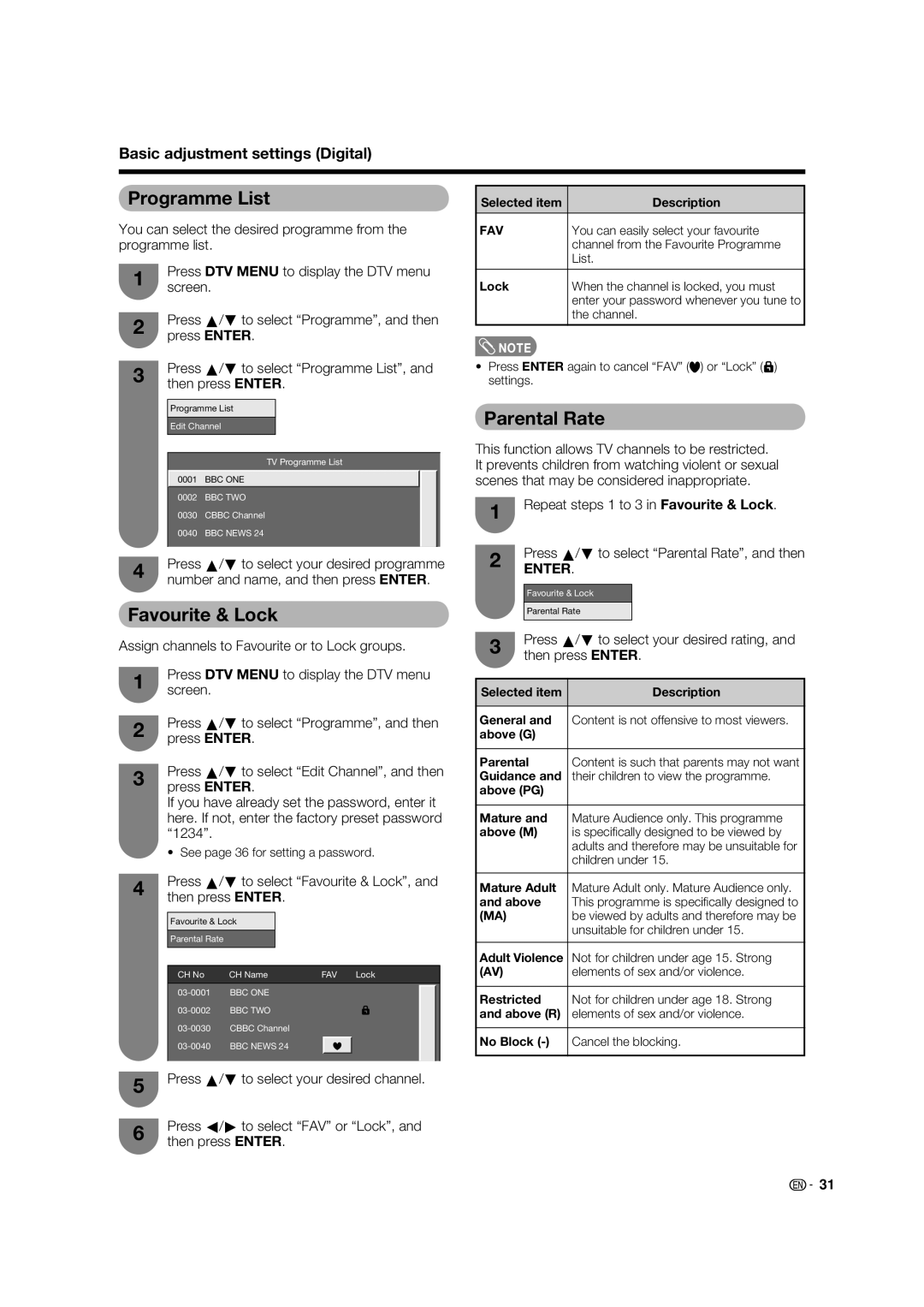 Sharp LC-32PD5X, LC-37PD5X operation manual Programme List, Favourite & Lock, Parental Rate 