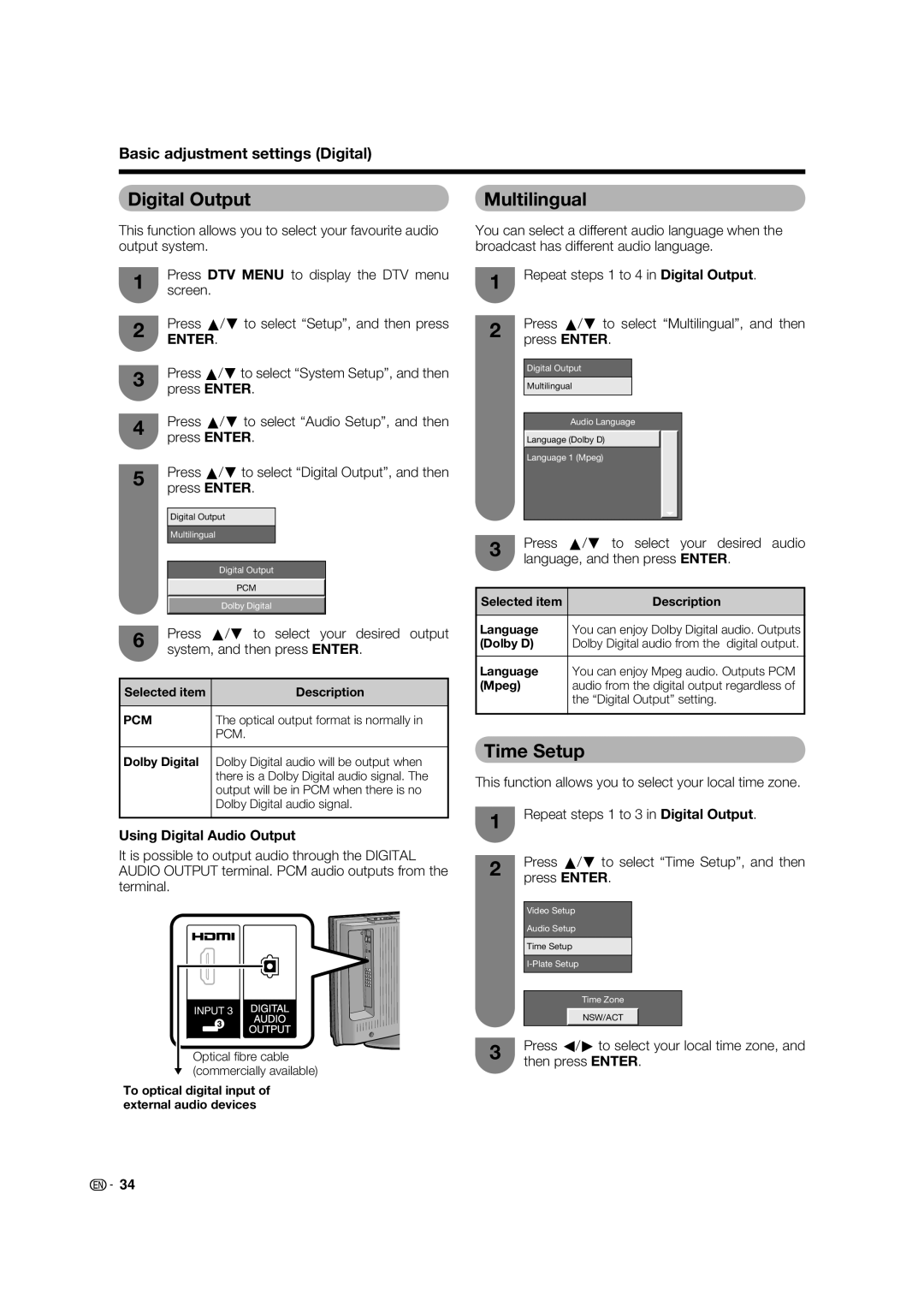 Sharp LC-37PD5X, LC-32PD5X Digital Output Multilingual, Time Setup, Using Digital Audio Output, Dolby Digital, Language 