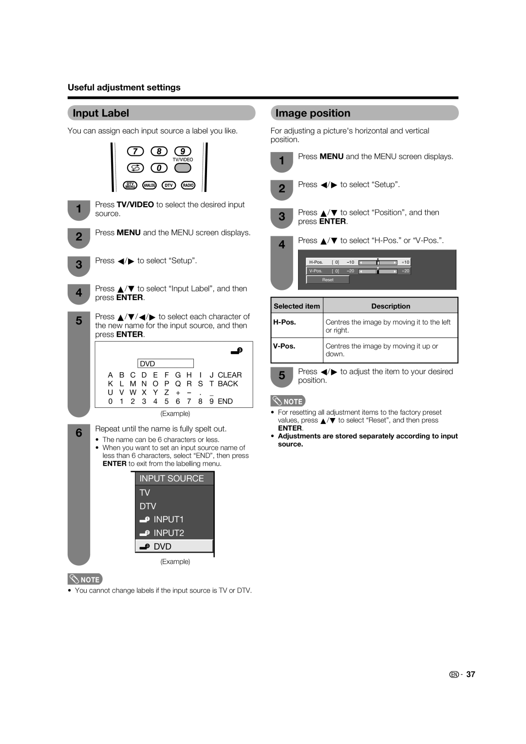 Sharp LC-32PD5X, LC-37PD5X operation manual Input Label, Image position, Useful adjustment settings, Pos 