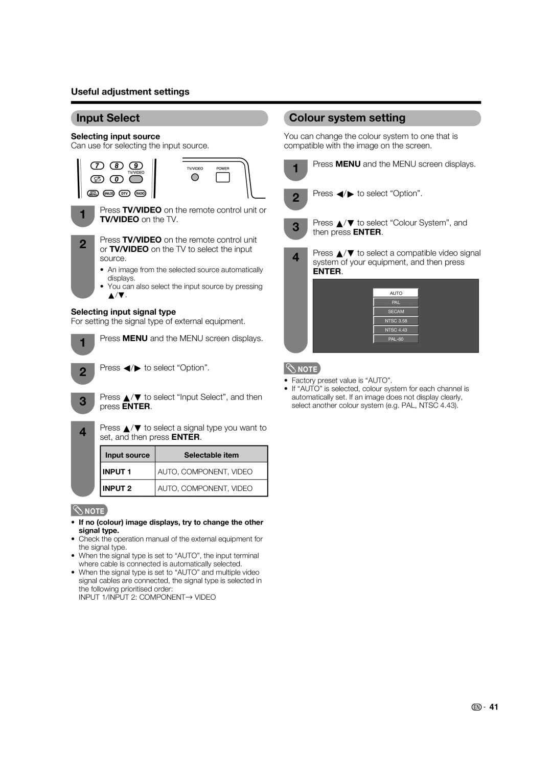 Sharp LC-32PD5X, LC-37PD5X Input Select, Colour system setting, Selecting input source, Selecting input signal type 