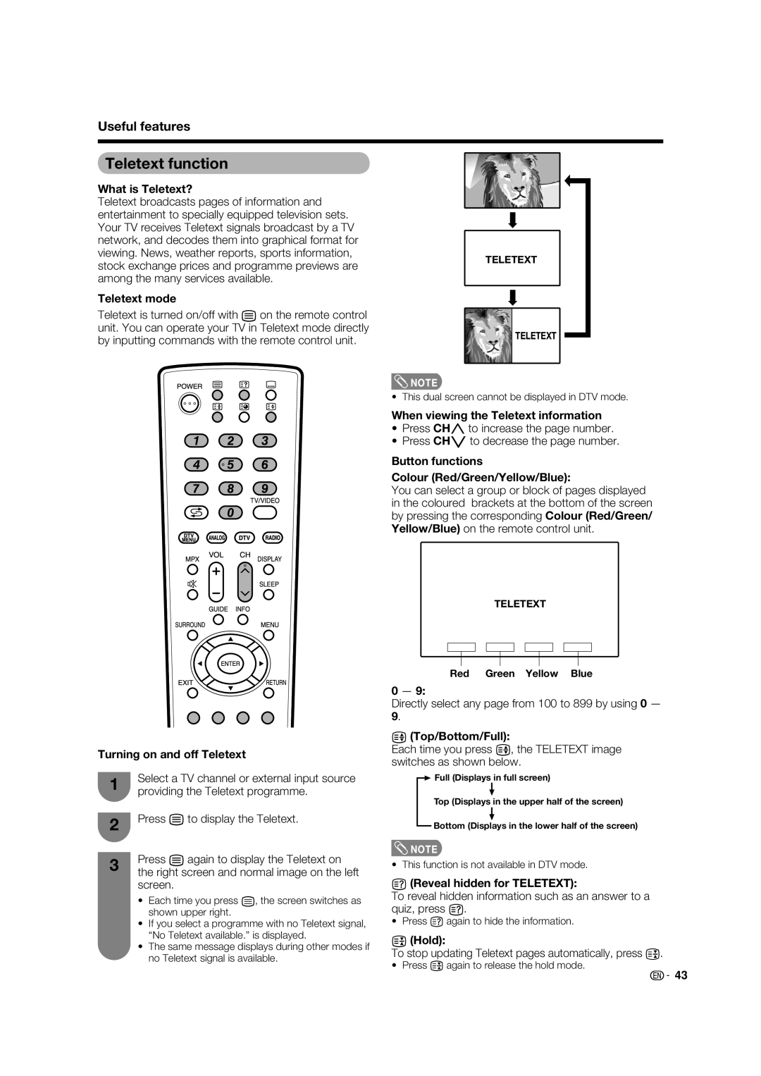 Sharp LC-32PD5X, LC-37PD5X operation manual Teletext function, Useful features 