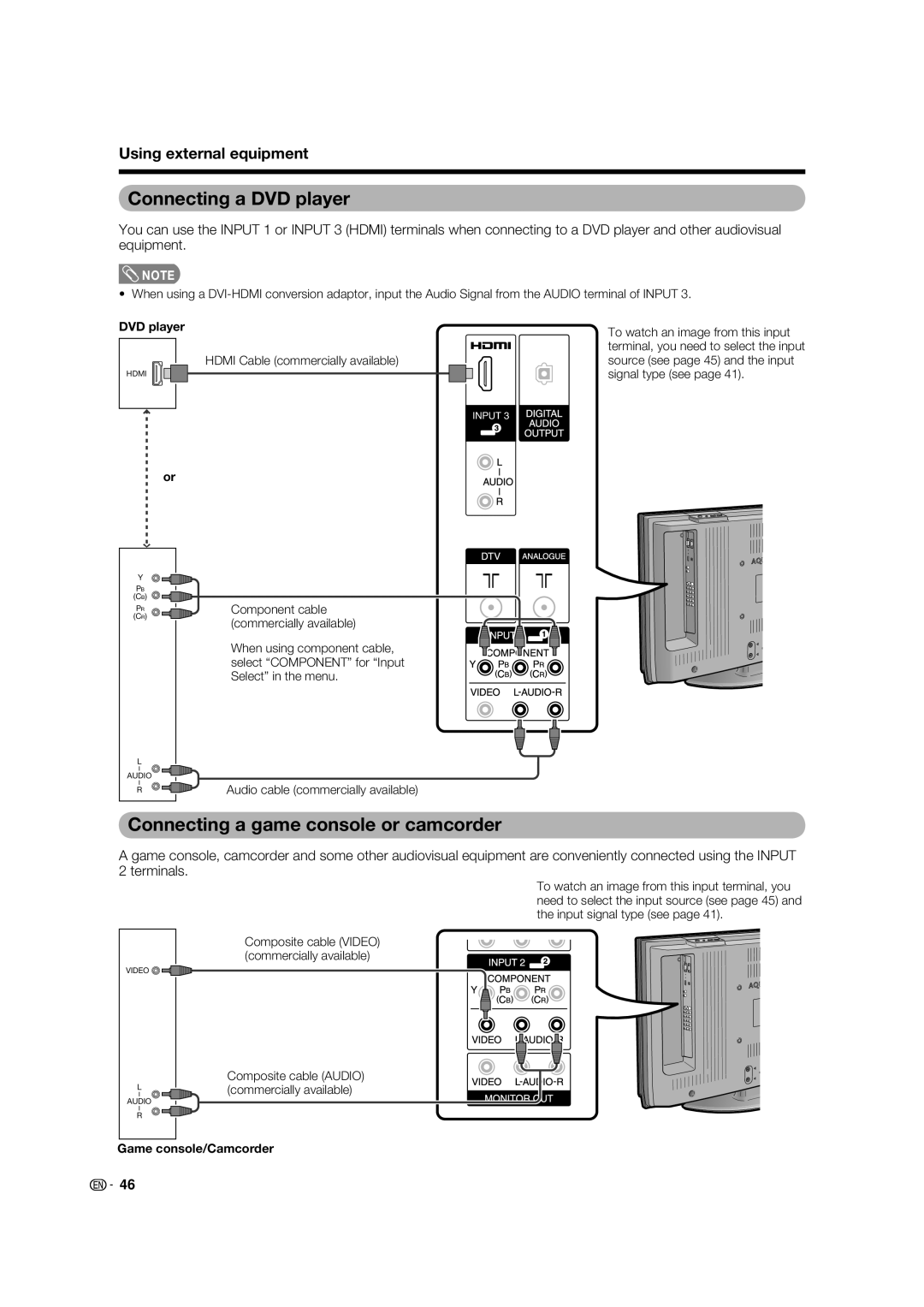 Sharp LC-37PD5X, LC-32PD5X Connecting a DVD player, Connecting a game console or camcorder, Using external equipment 