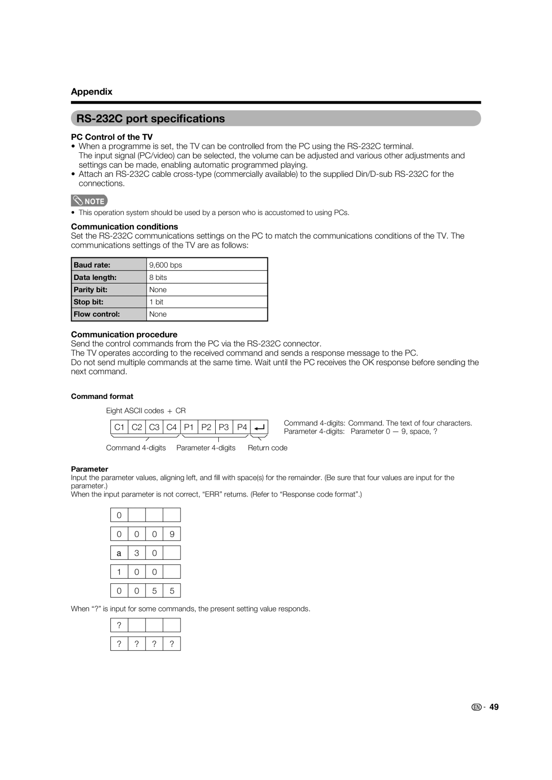 Sharp LC-32PD5X, LC-37PD5X RS-232C port speciﬁcations, Appendix, PC Control of the TV, Communication conditions 