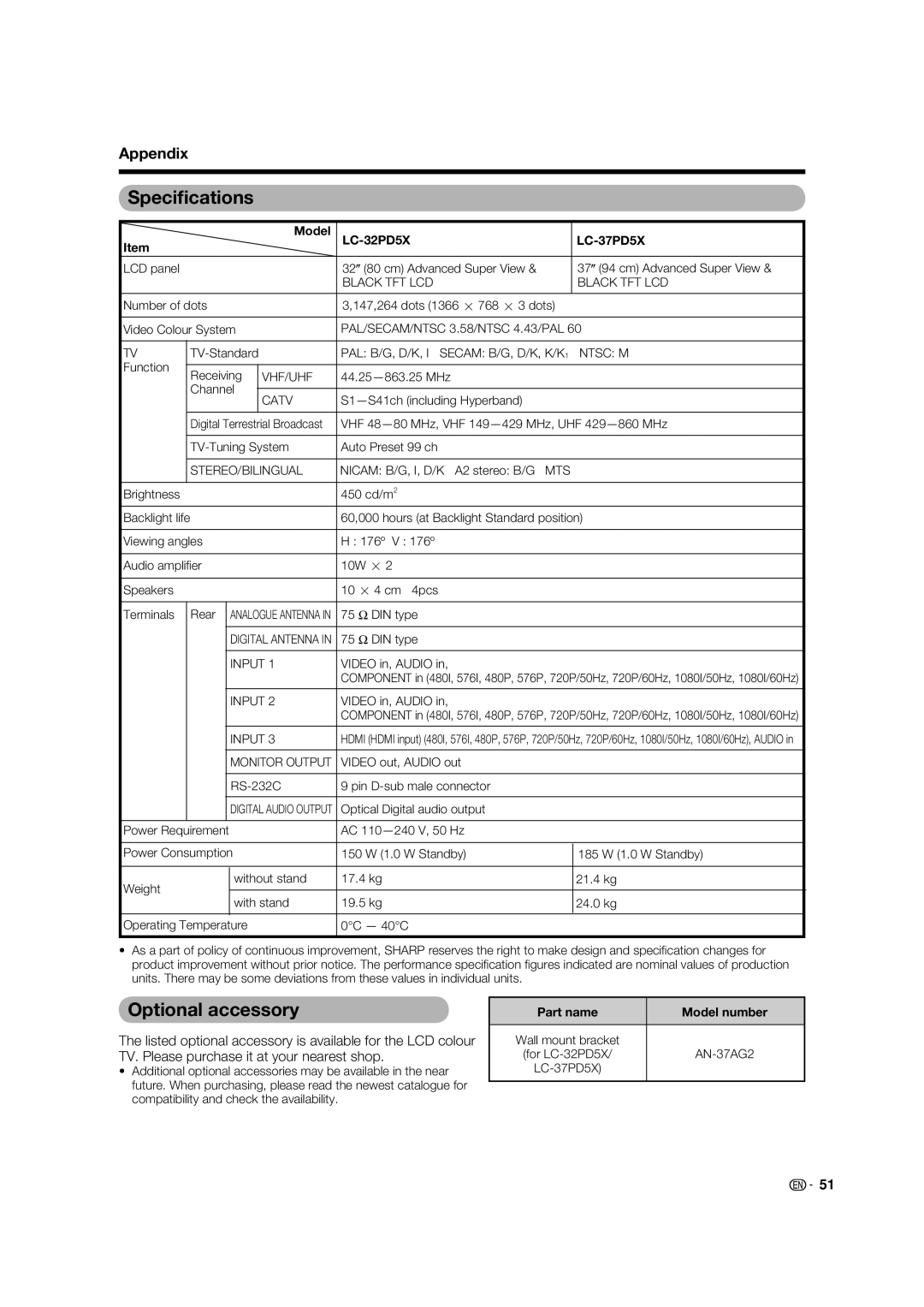 Sharp LC-32PD5X, LC-37PD5X operation manual Speciﬁcations, Optional accessory, Part name Model number 