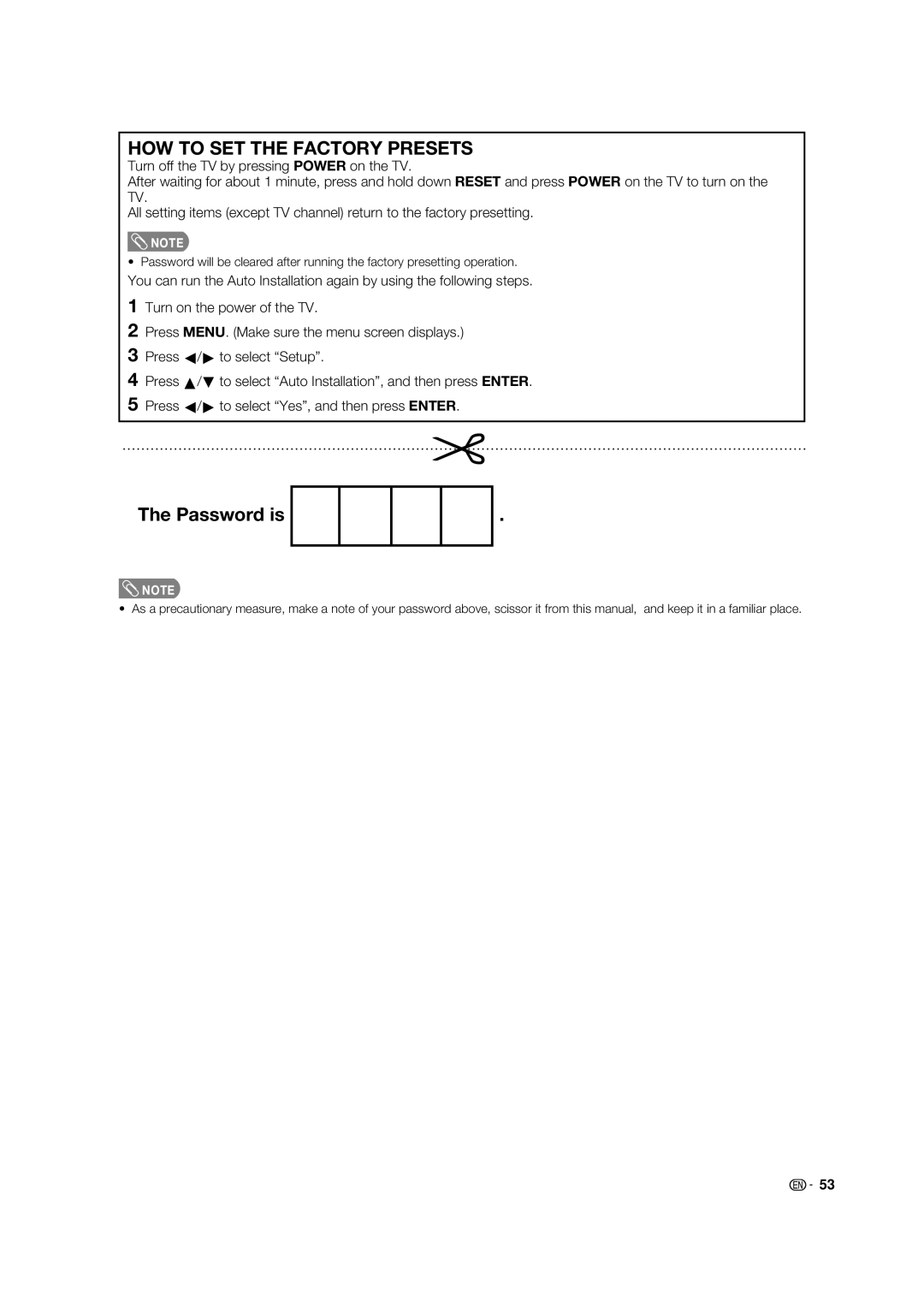 Sharp LC-32PD5X, LC-37PD5X operation manual HOW to SET the Factory Presets, Password is 