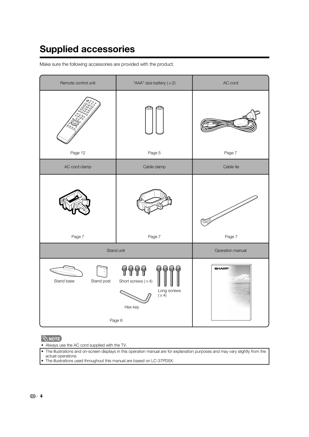 Sharp LC-37PD5X, LC-32PD5X Supplied accessories, Remote control unit AAA size battery g2, Stand unit Stand base Stand post 