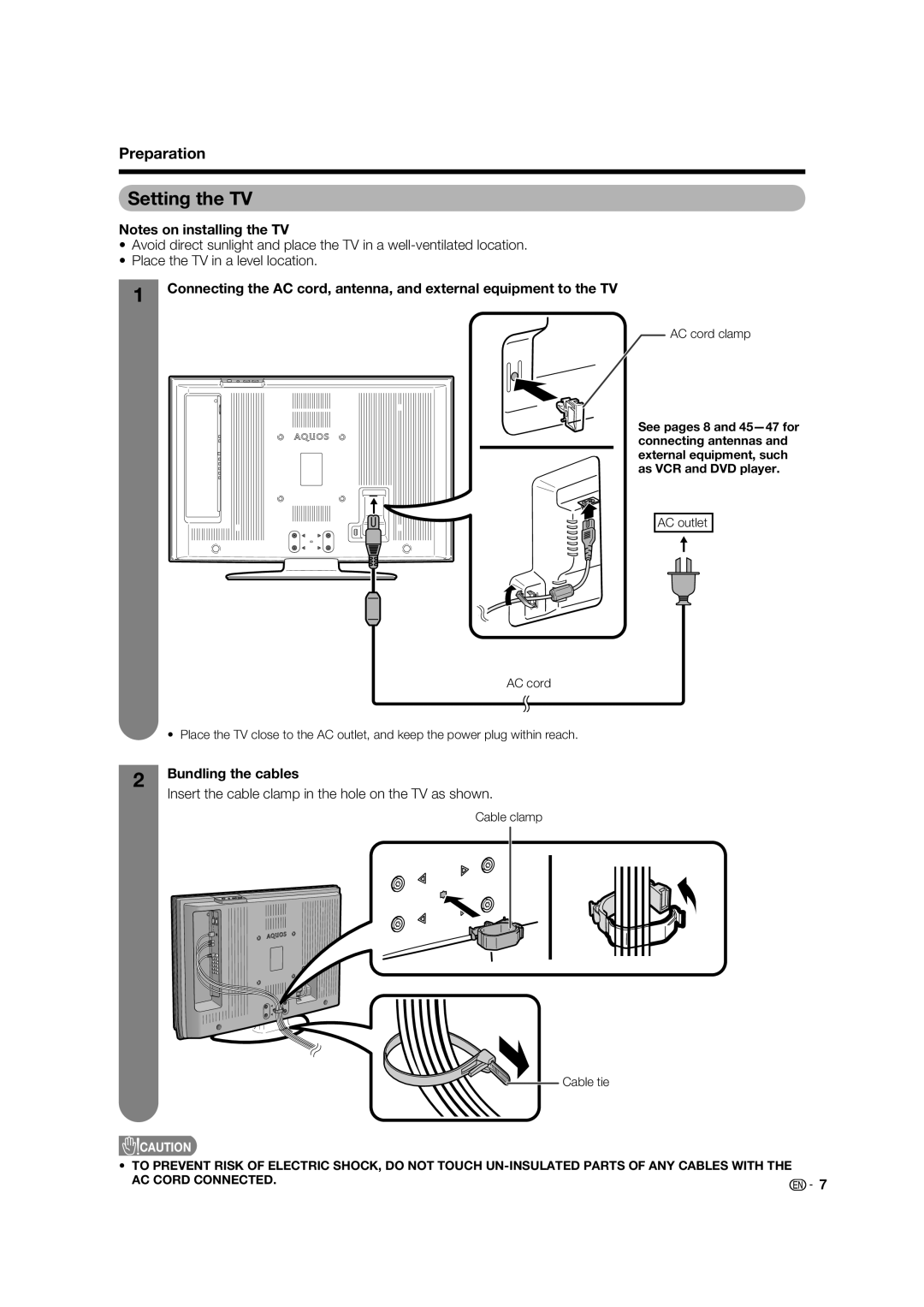 Sharp LC-32PD5X Setting the TV, Bundling the cables, Insert the cable clamp in the hole on the TV as shown, AC cord clamp 