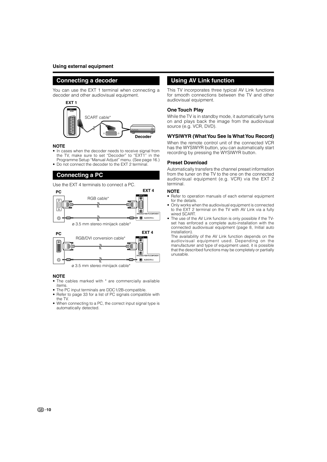 Sharp LC-37SD1E, LC-42SD1E operation manual Connecting a decoder, Connecting a PC, Using AV Link function 