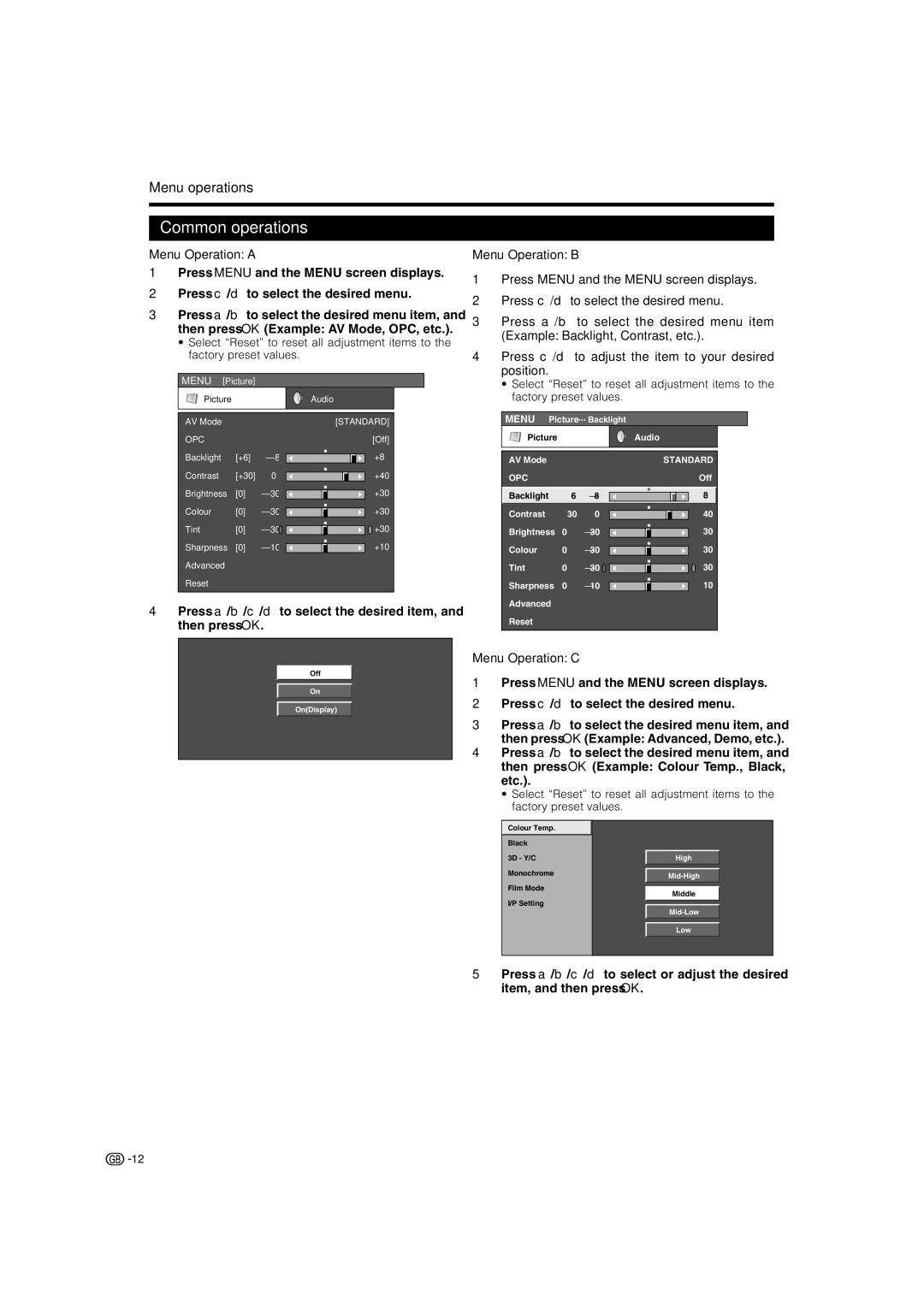 Sharp LC-37SD1E, LC-42SD1E Common operations, Menu operations, Menu Operation a, Menu Operation B, Menu Operation C 