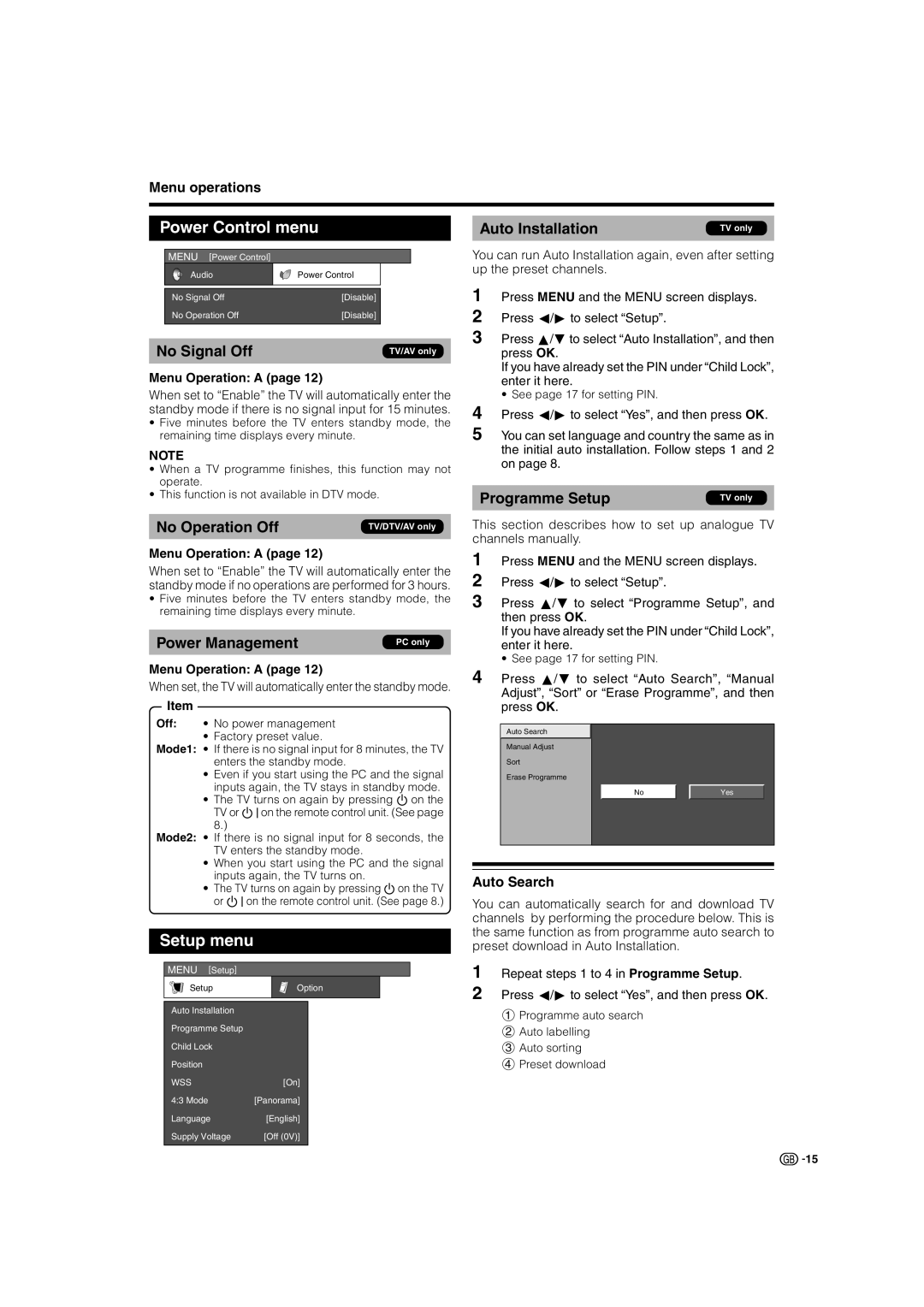 Sharp LC-42SD1E, LC-37SD1E operation manual Power Control menu, Setup menu, Auto Search 