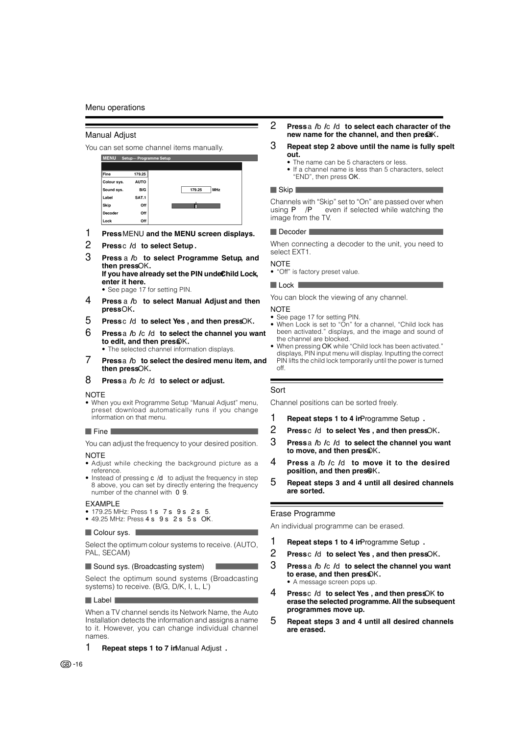 Sharp LC-37SD1E, LC-42SD1E operation manual Menu operations Manual Adjust, Sort, Erase Programme 