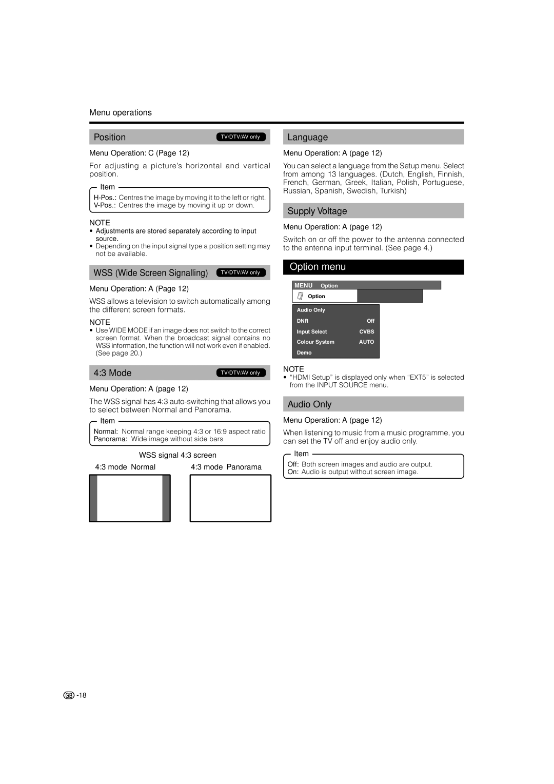 Sharp LC-37SD1E, LC-42SD1E Option menu, WSS Wide Screen Signalling TV/DTV/AV only, Language, Supply Voltage, Audio Only 