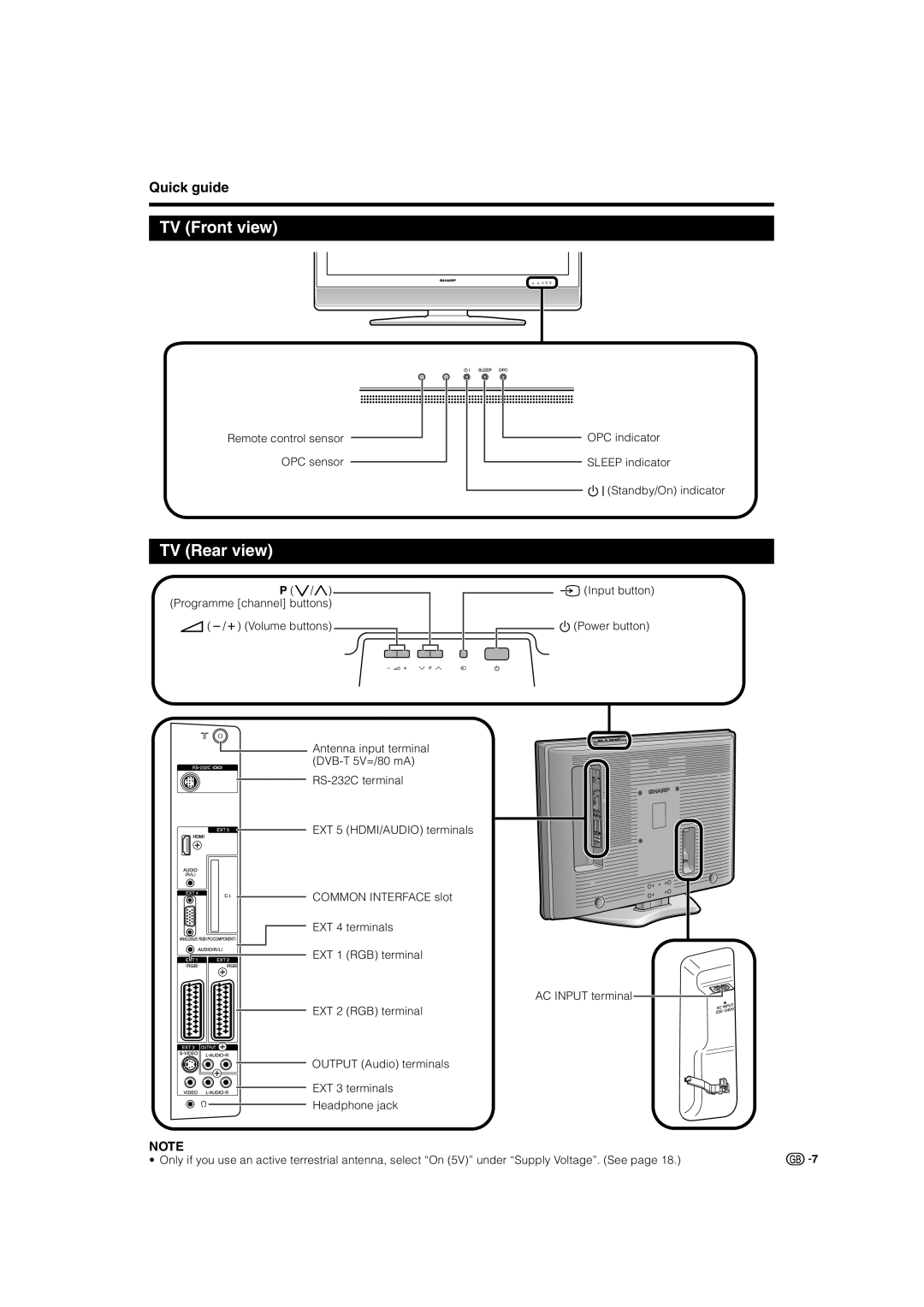 Sharp LC-42SD1E, LC-37SD1E operation manual TV Front view, TV Rear view 