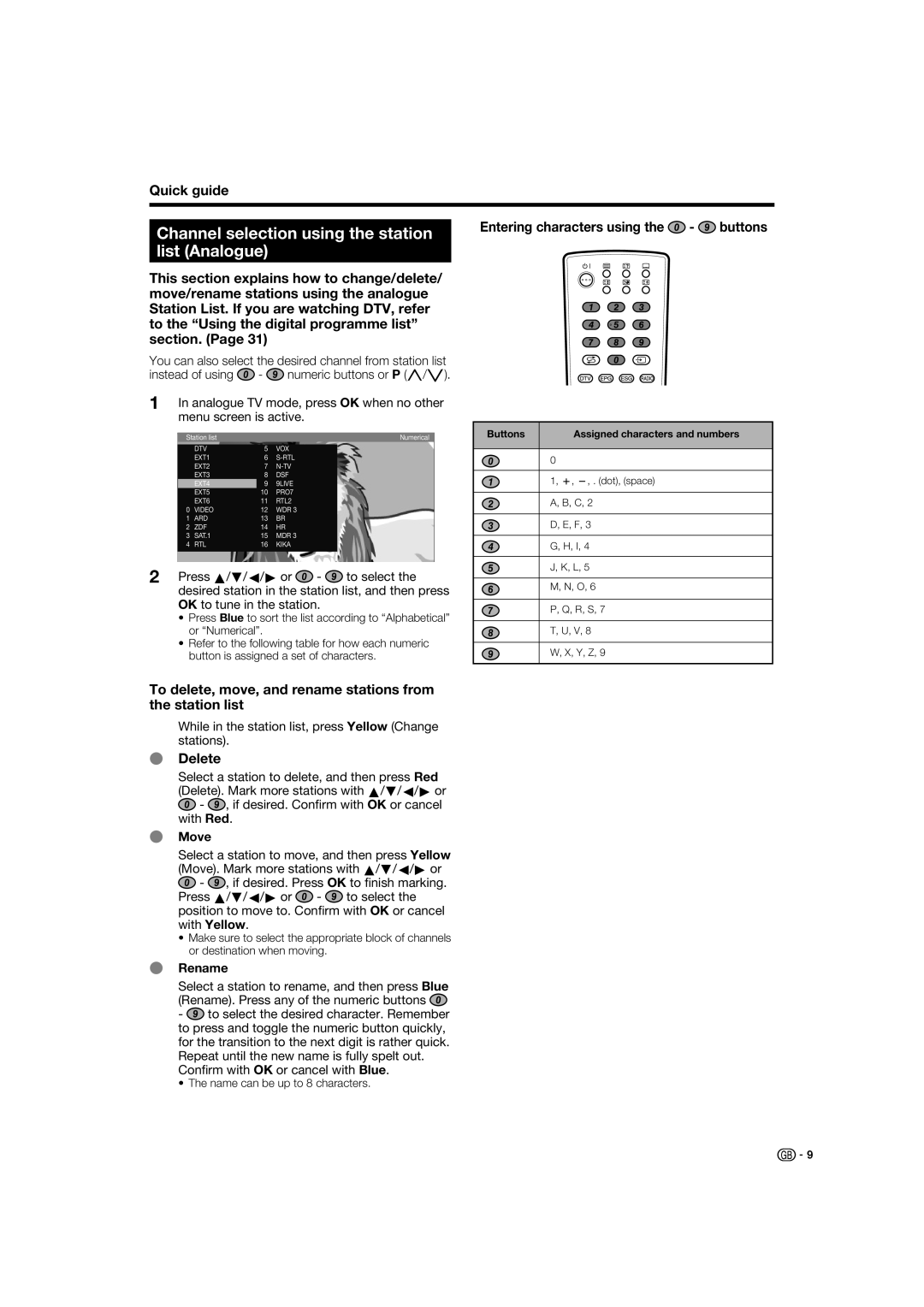 Sharp LC-37XD1E operation manual Channel selection using the station, List Analogue, Delete 