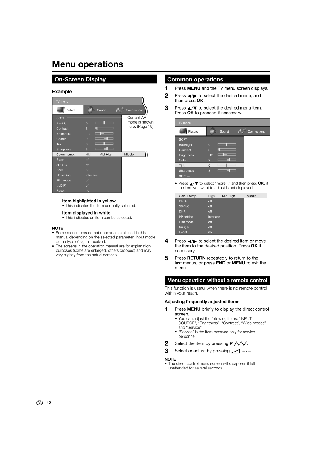 Sharp LC-37XD1E Menu operations, On-Screen DisplayCommon operations, Menu operation without a remote control 