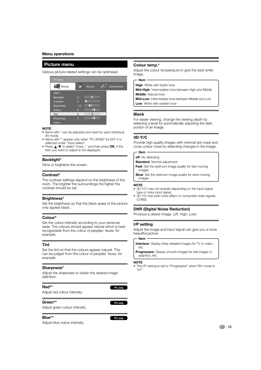 Sharp LC-37XD1E operation manual Picture menu 