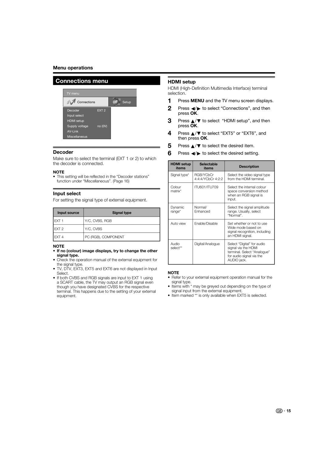 Sharp LC-37XD1E Connections menu, Decoder, Input select, Hdmi setup, For setting the signal type of external equipment 