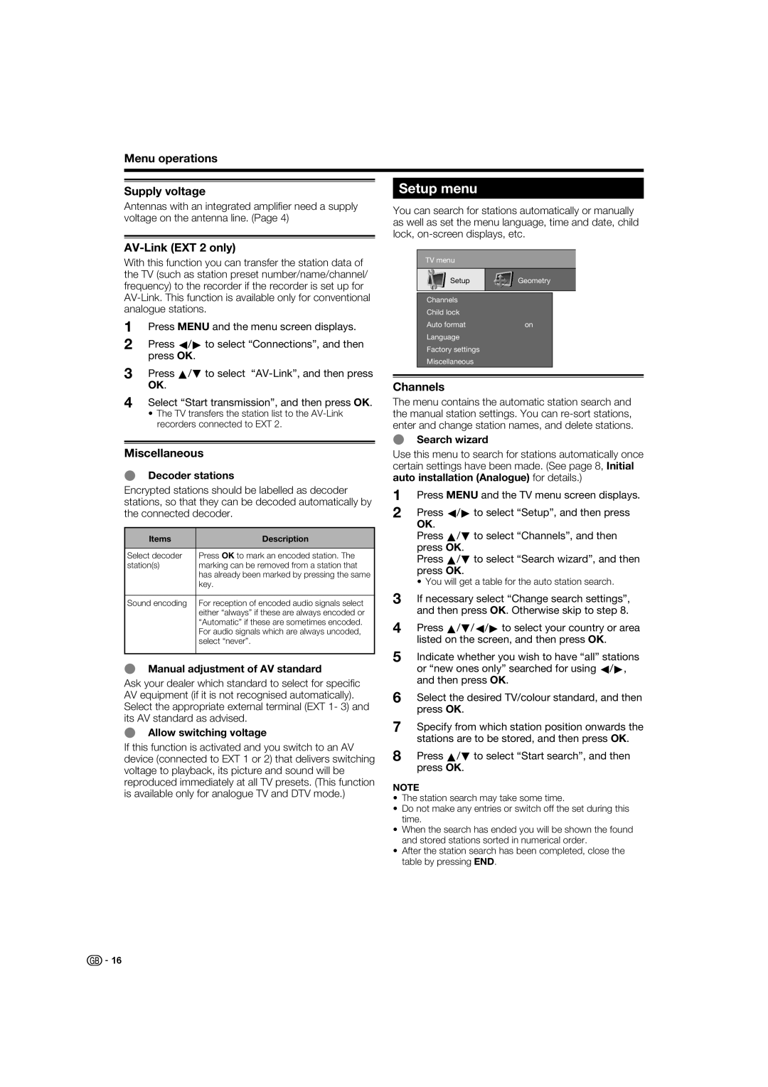 Sharp LC-37XD1E operation manual Setup menu, Menu operations Supply voltage, AV-Link EXT 2 only, Miscellaneous, Channels 