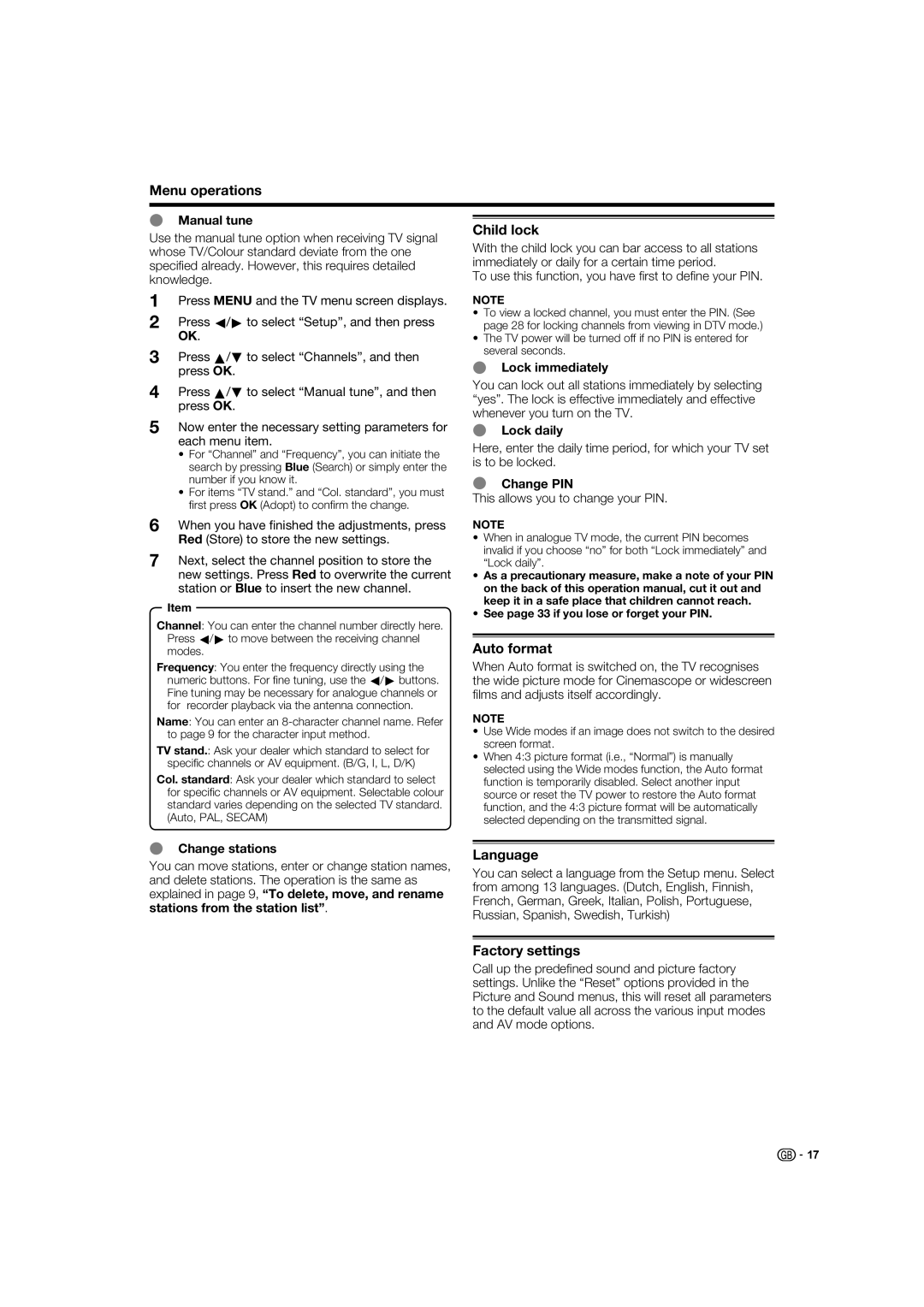 Sharp LC-37XD1E operation manual Child lock, Auto format, Language, Factory settings 