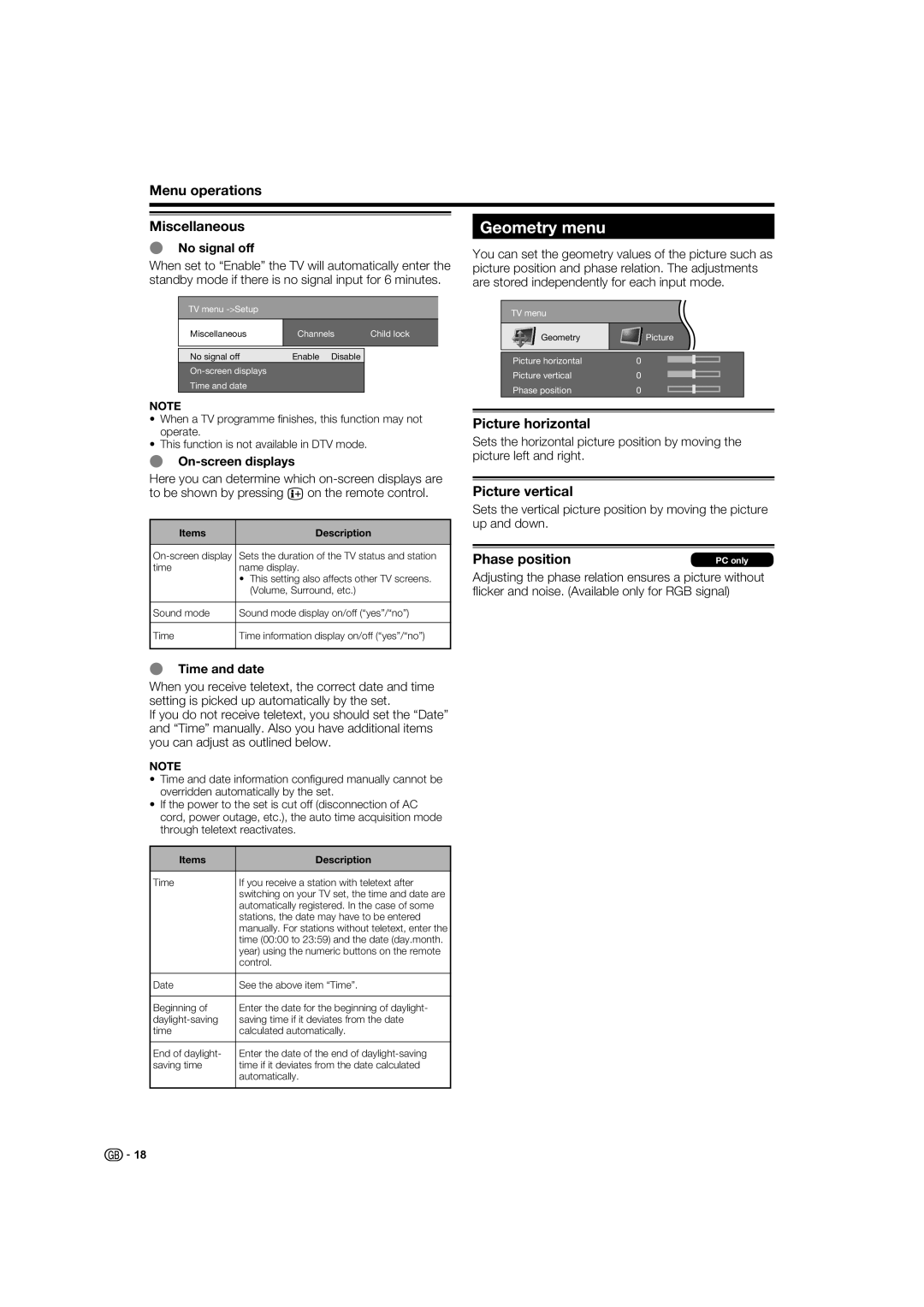 Sharp LC-37XD1E operation manual Geometry menu, Menu operations Miscellaneous, Picture horizontal, Picture vertical 