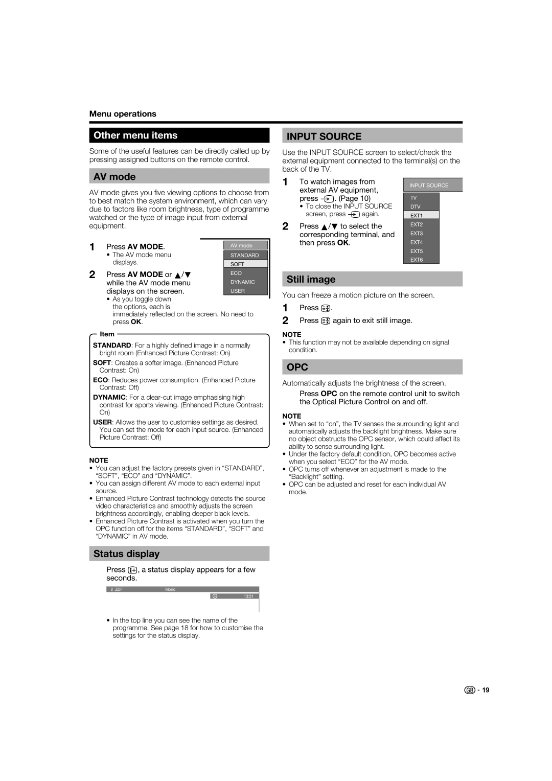 Sharp LC-37XD1E operation manual Other menu items, AV mode, Status display, Still image 