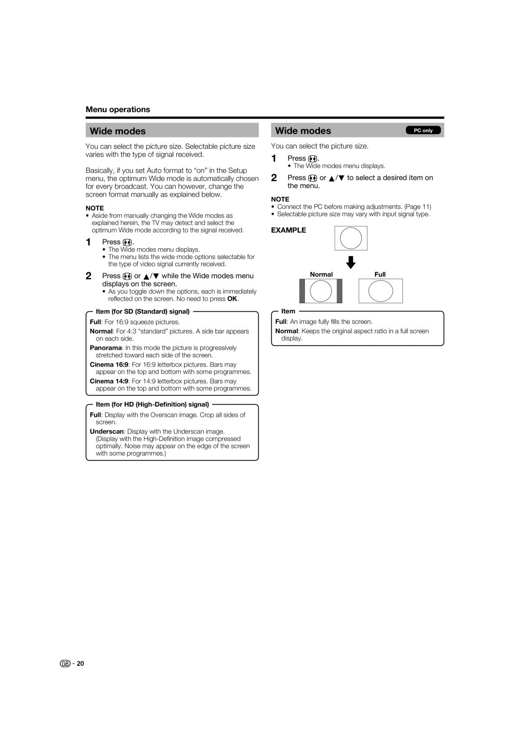 Sharp LC-37XD1E operation manual Wide modes, You can select the picture size Press f 