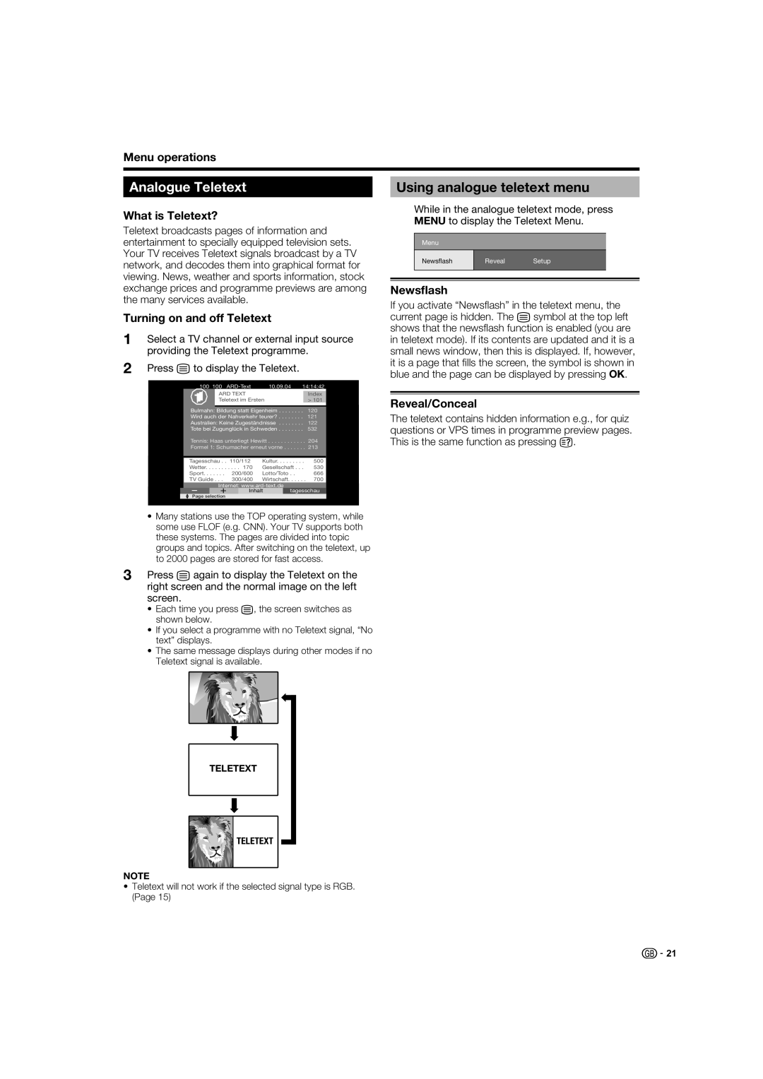 Sharp LC-37XD1E operation manual Analogue Teletext, Using analogue teletext menu 