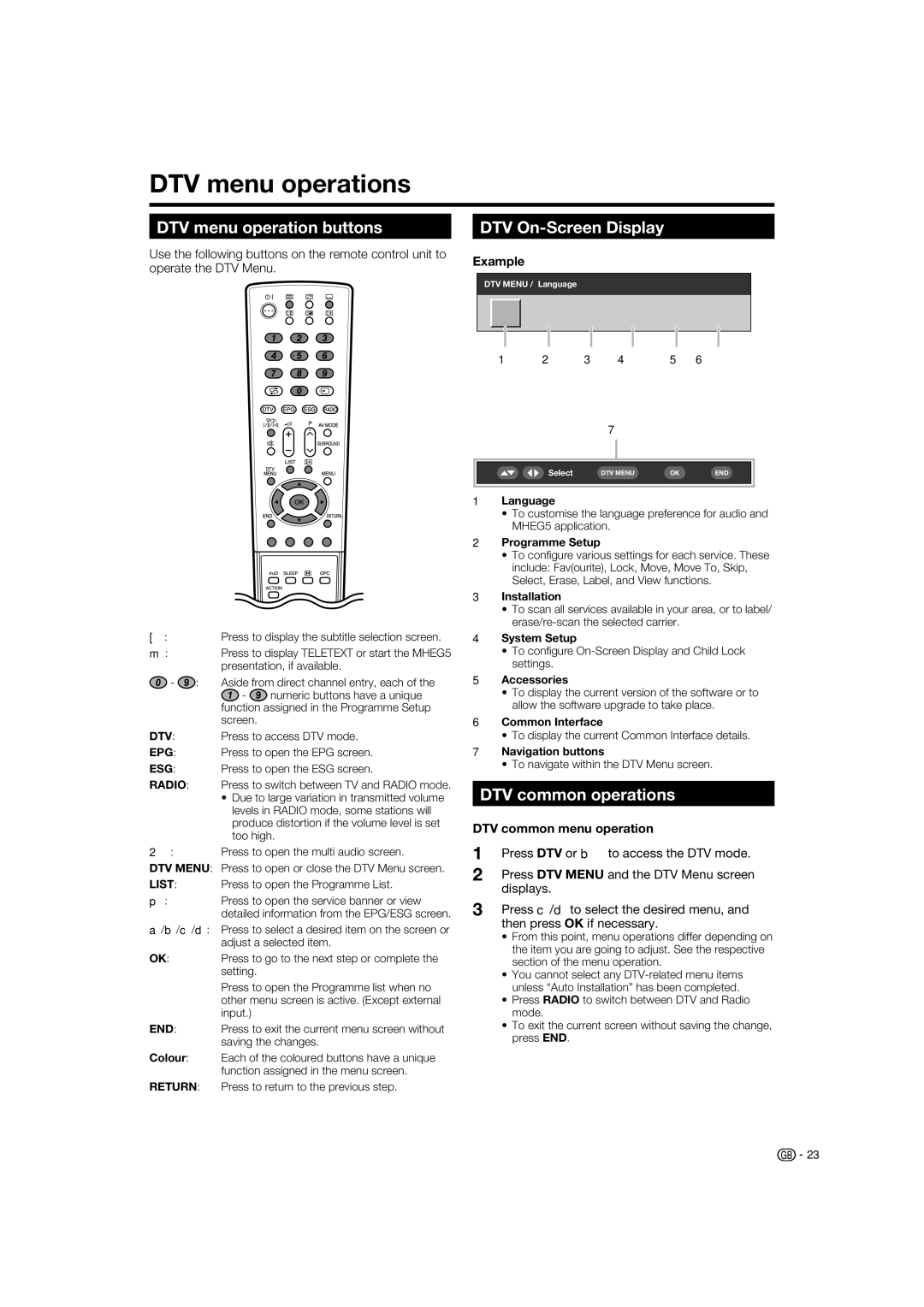 Sharp LC-37XD1E DTV menu operations, DTV menu operation buttons, DTV On-Screen Display, DTV common operations 