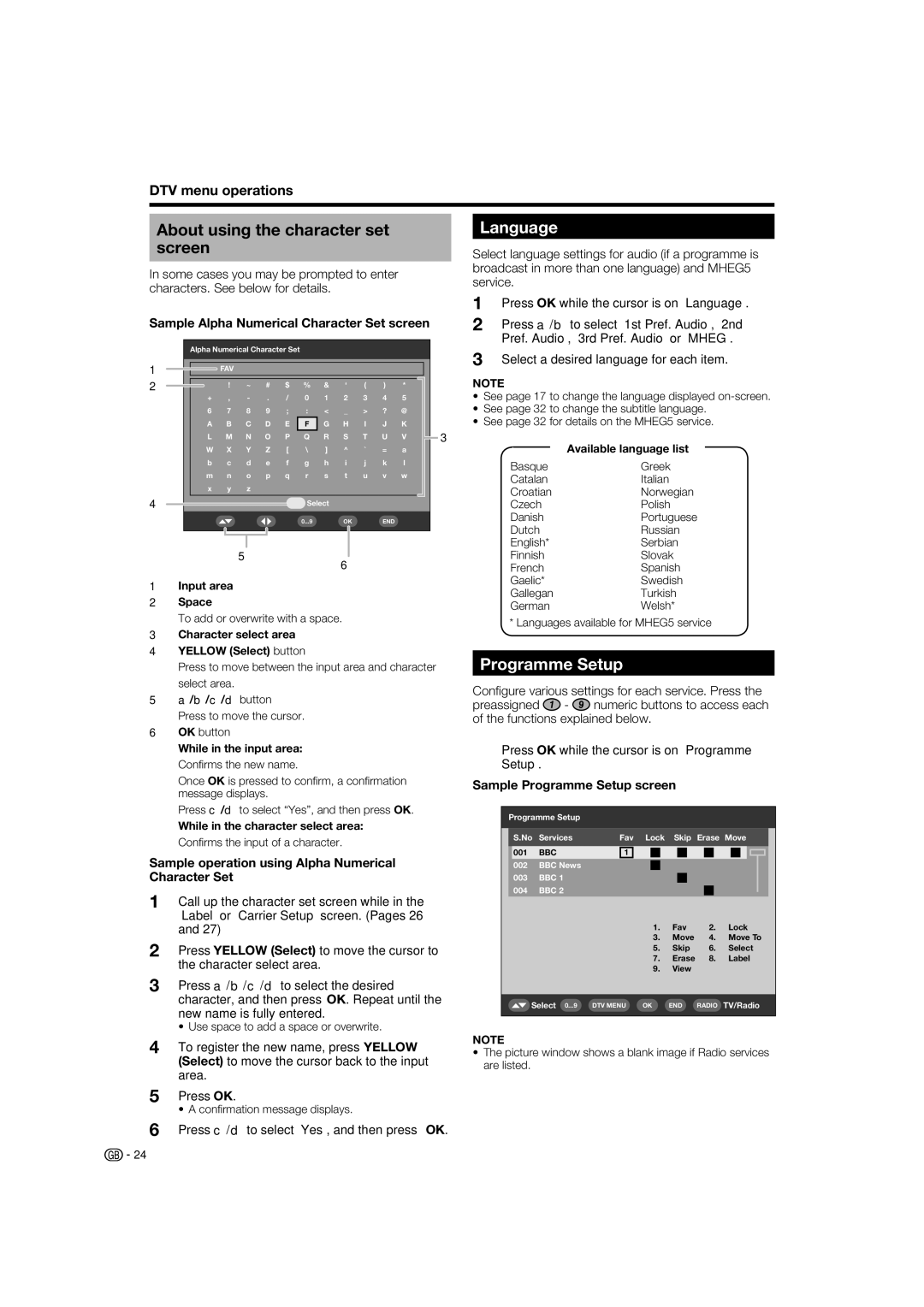 Sharp LC-37XD1E operation manual About using the character set screen, Language, Programme Setup, DTV menu operations 