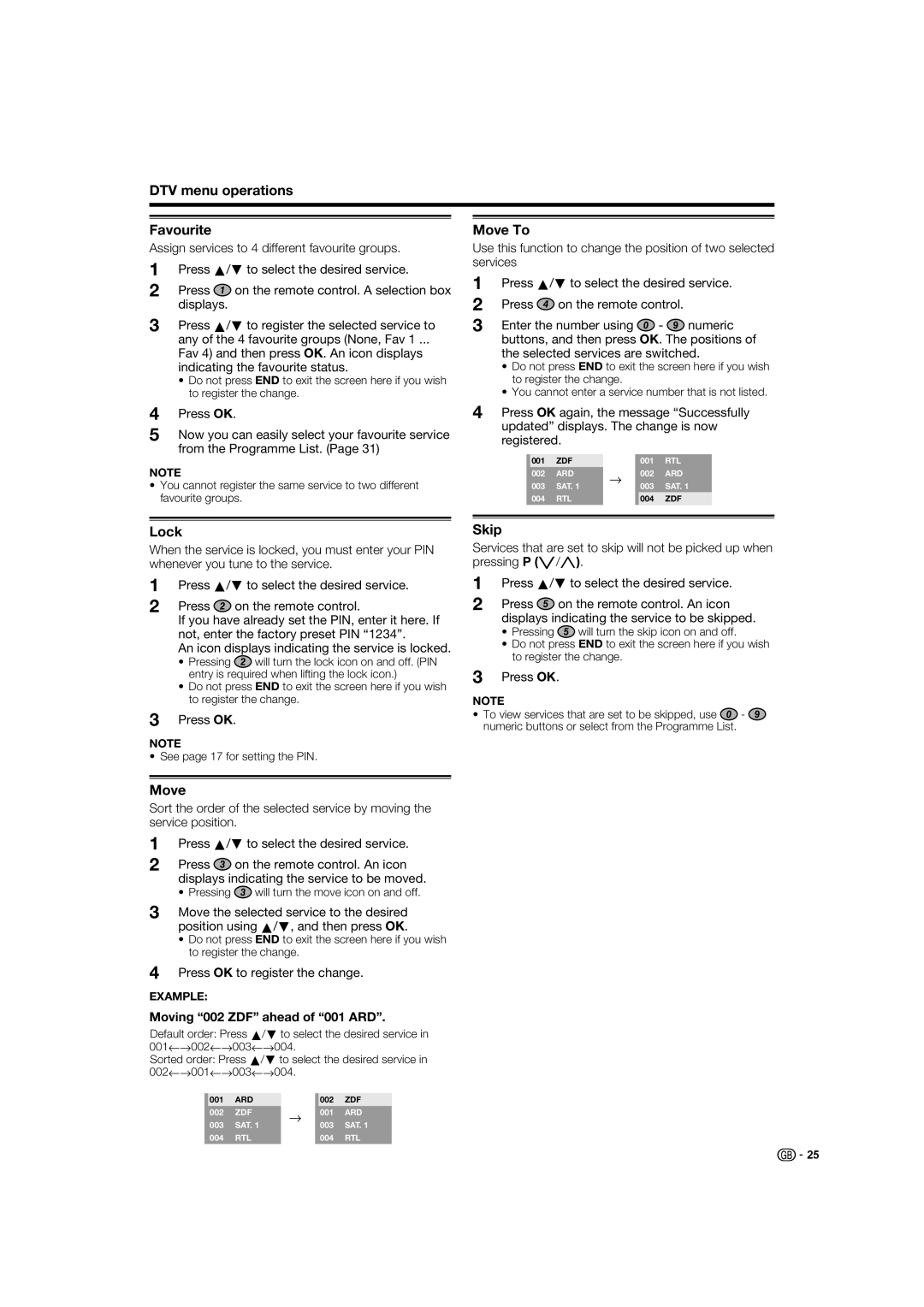 Sharp LC-37XD1E operation manual DTV menu operations Favourite, Move To, Lock, Skip 