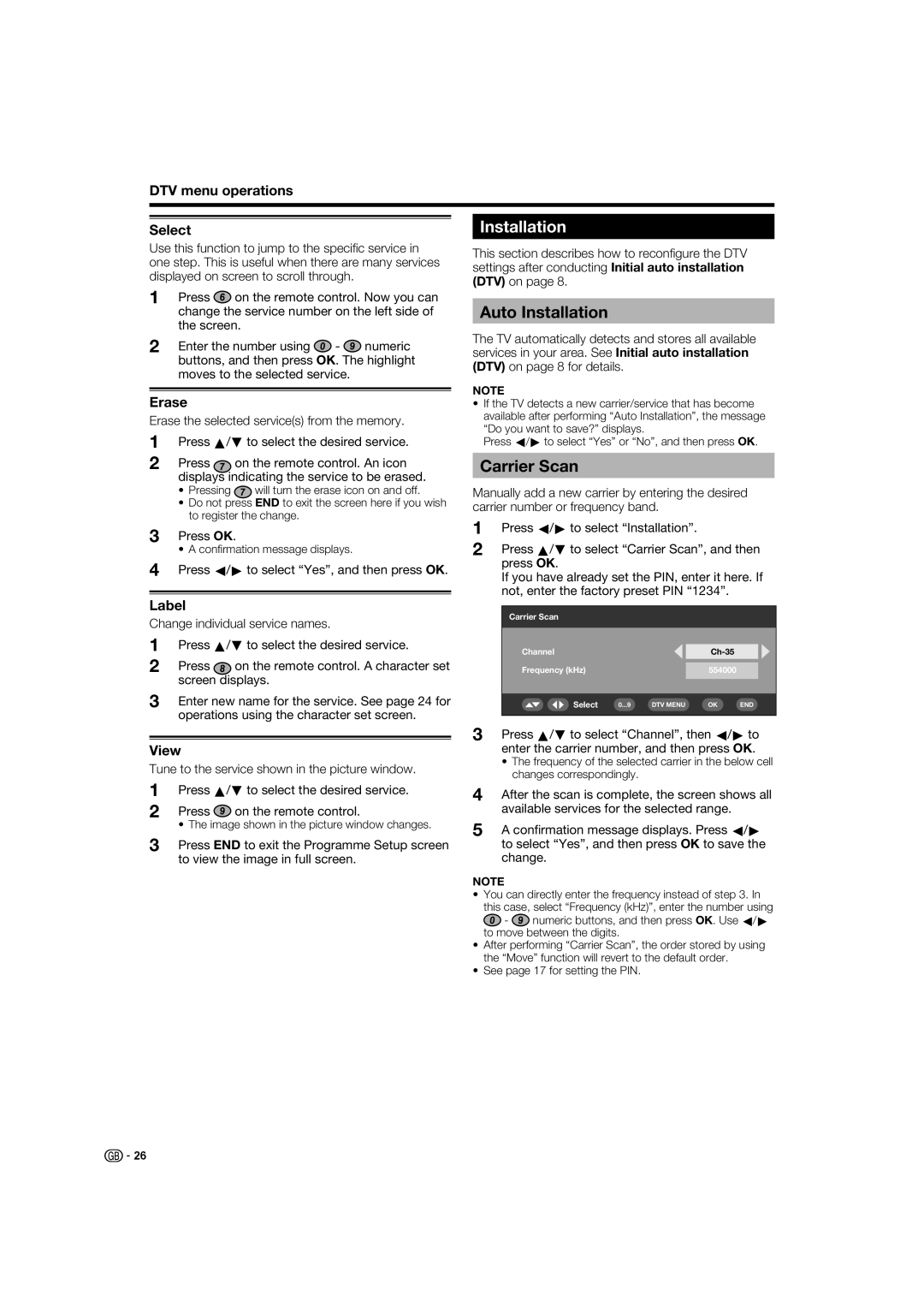 Sharp LC-37XD1E operation manual Auto Installation, Carrier Scan 