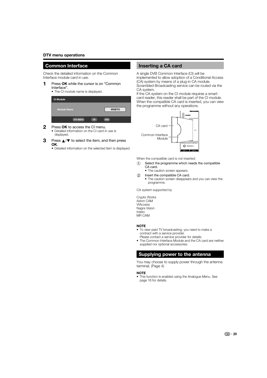 Sharp LC-37XD1E Common Interface, Inserting a CA card, Supplying power to the antenna, Press OK to access the CI menu 