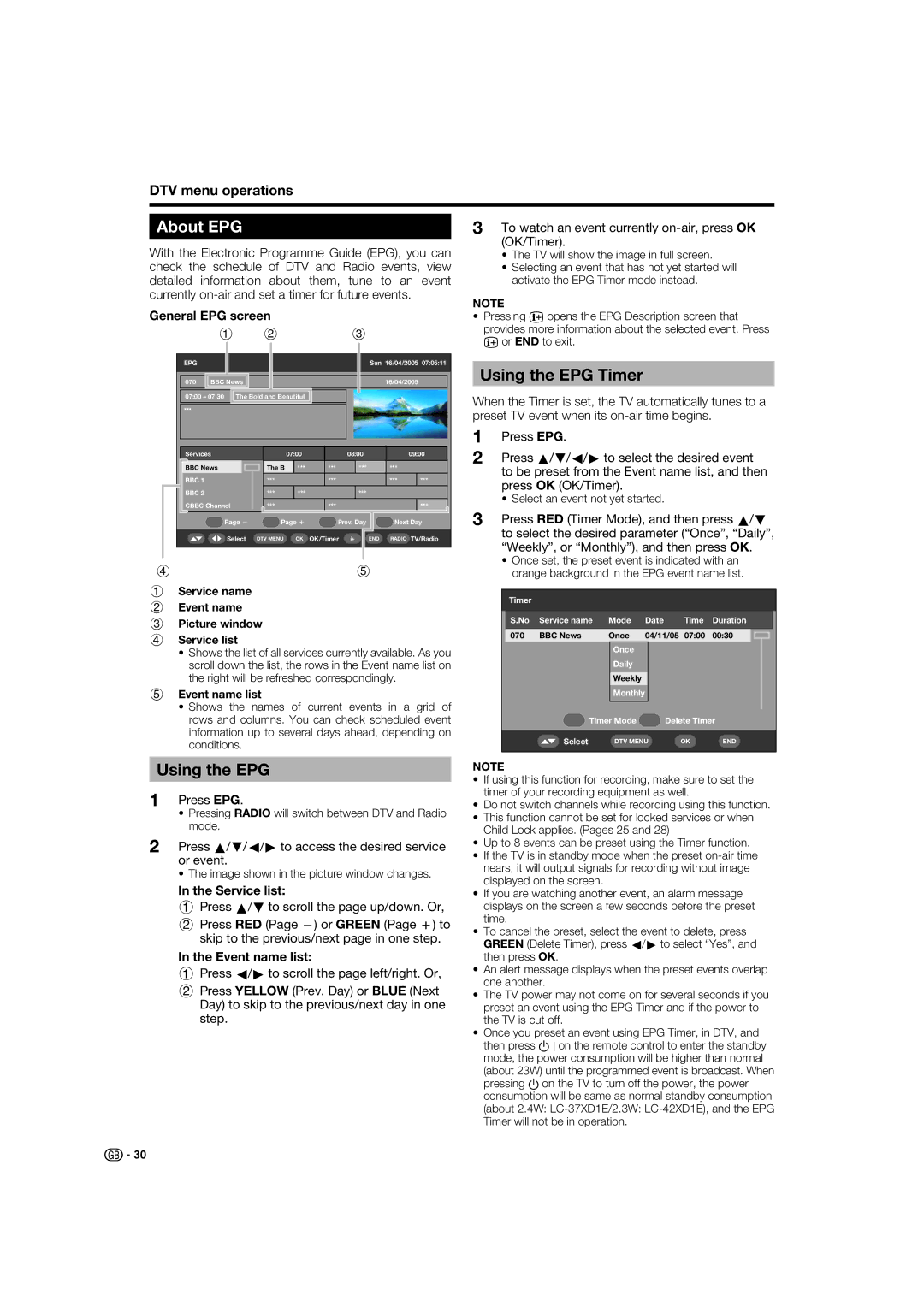 Sharp LC-37XD1E operation manual About EPG, Using the EPG Timer 